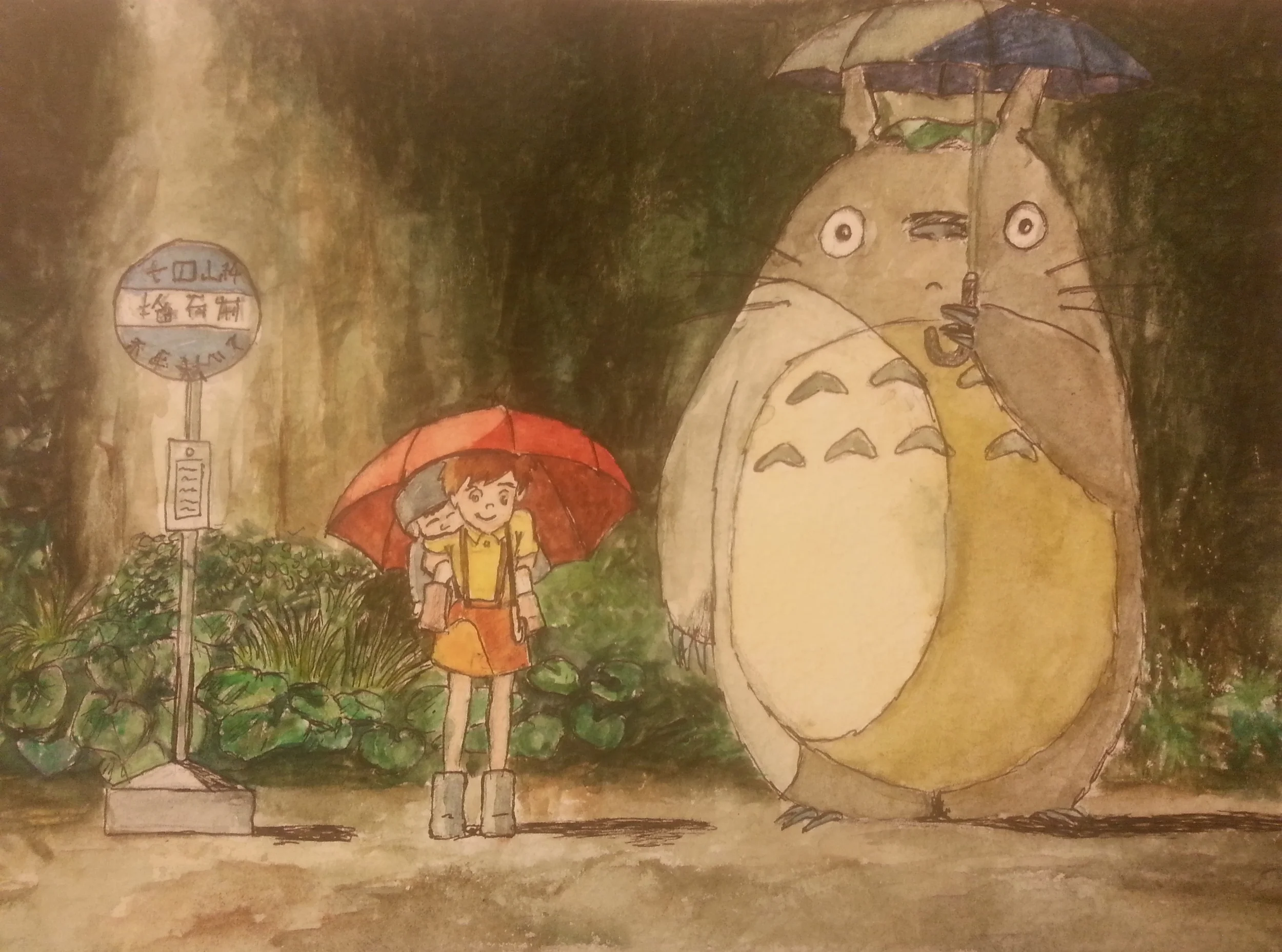 My Neighbor Totoro bus stop scene, watercolour