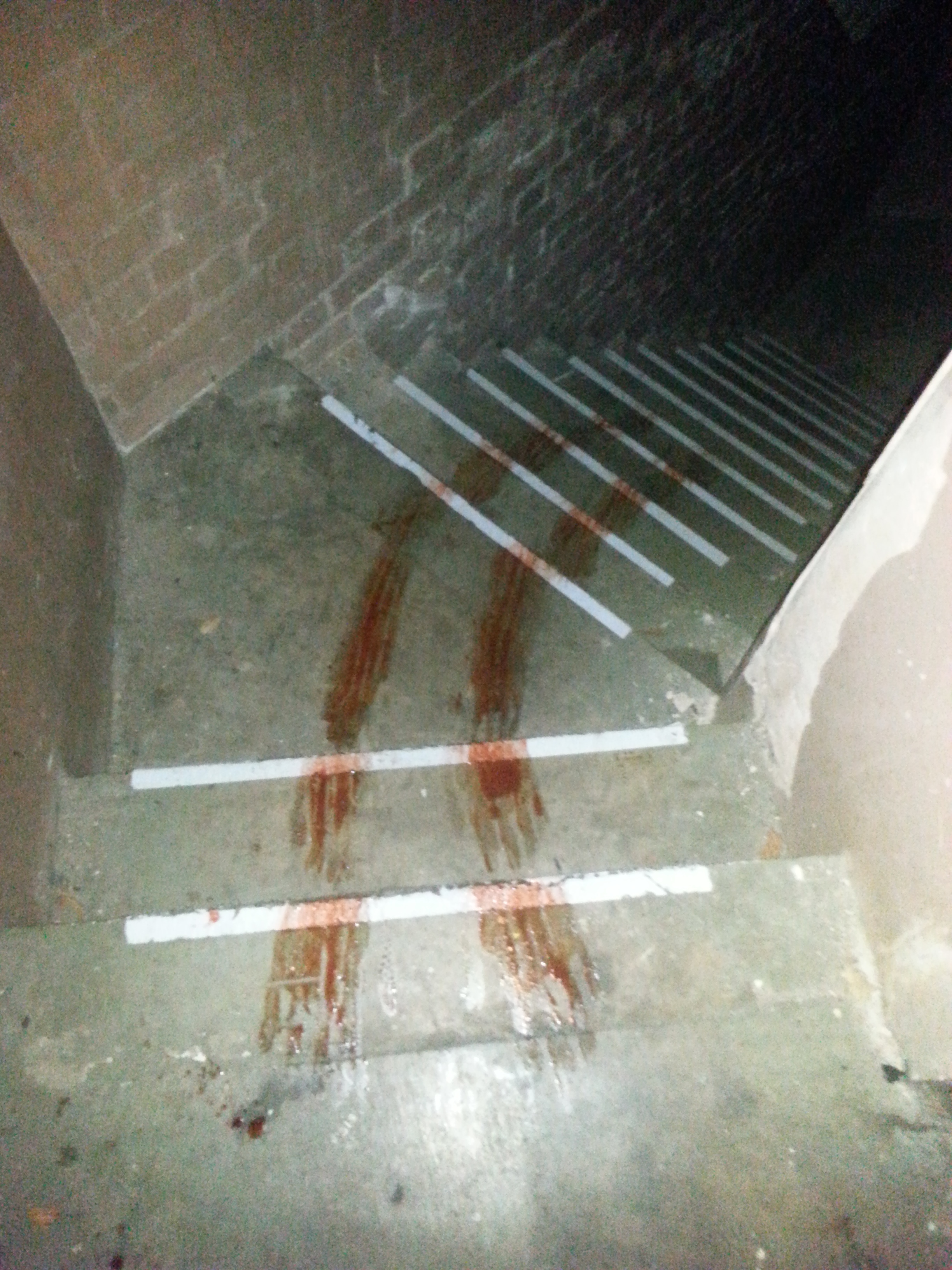 Fake blood hand prints leading down to the basement. 