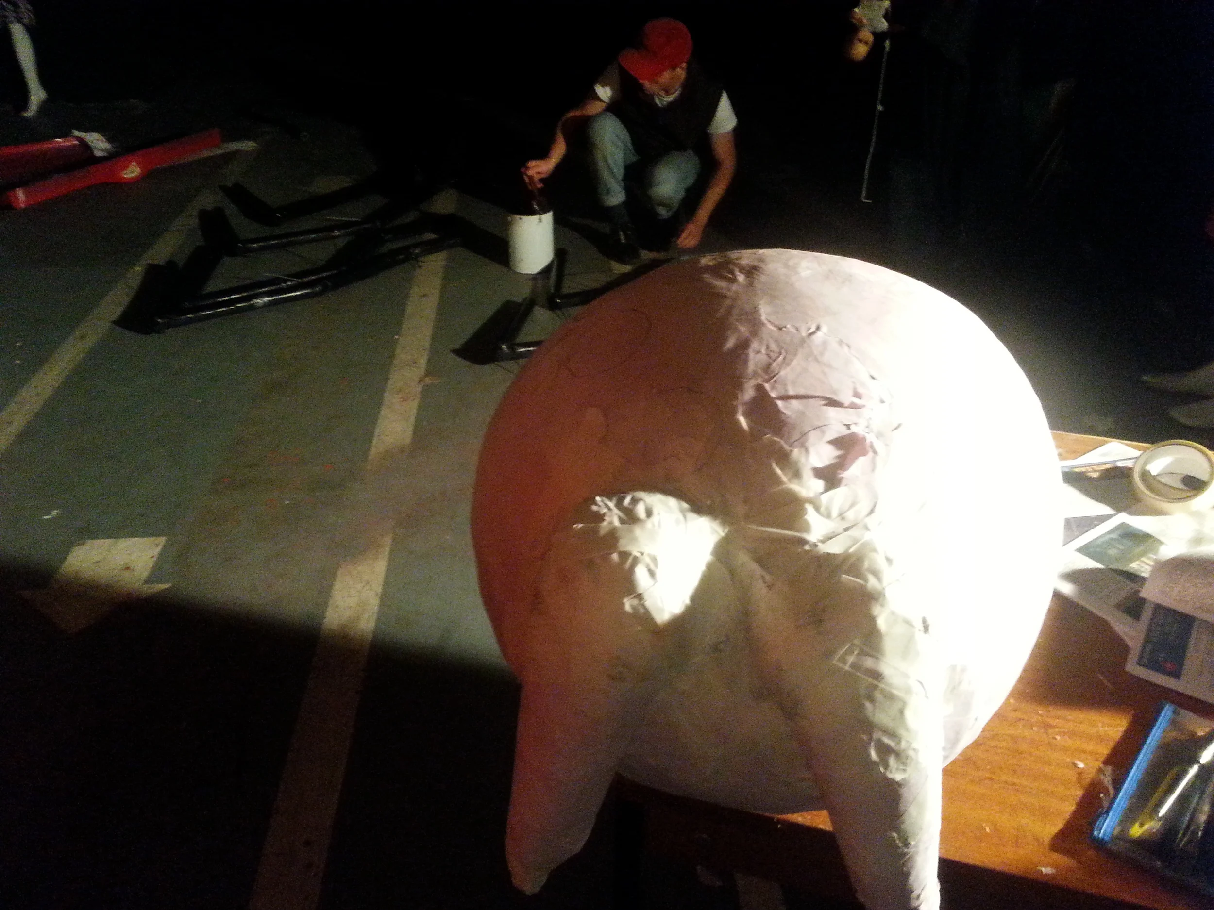 Spider head, paper mache around a balloon then filled with expanding foam. This made a hard, light ball that the bamboo in the legs could be pressed into.