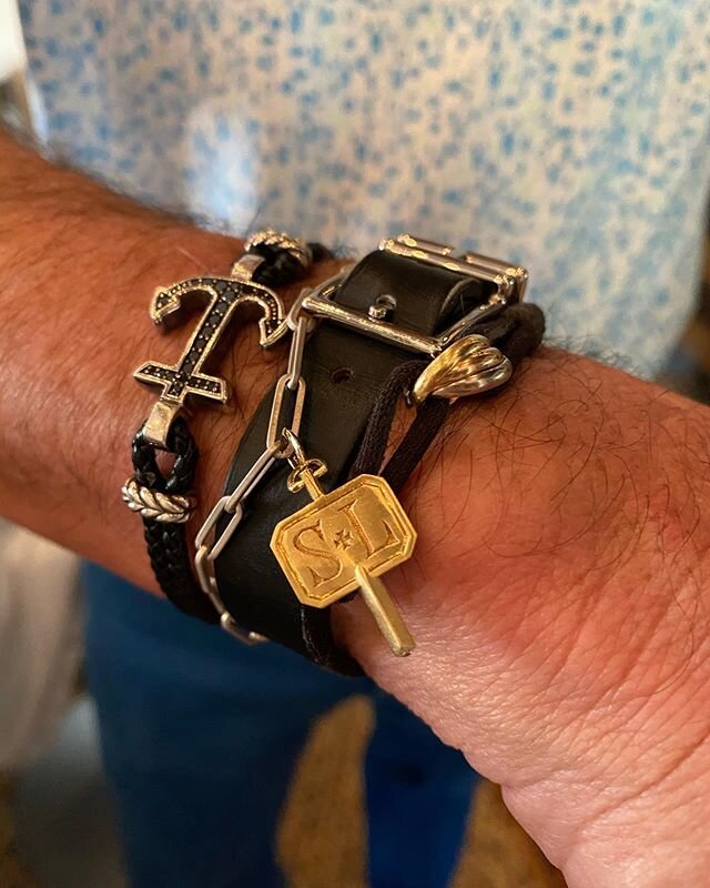 You know you&rsquo;ve been married awhile when your husband is wearing as many bracelets as you do - Thank you @jadetrau for engraving these keys for my favorite men in my life this Father&rsquo;s Day. #menwhowearjewelry #PAPI #manstack