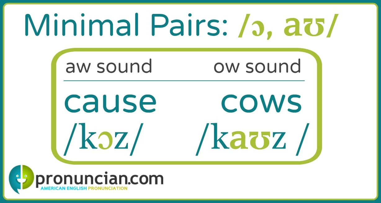 "Cause" and "cows" are aw sound/ow sound minimal pairs.