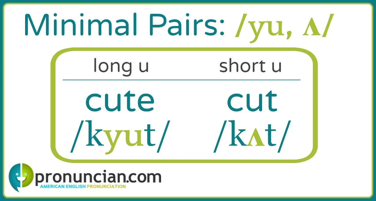 'long u' and 'short u' minimal pairs with listen-and-repeat practice: cute, cut