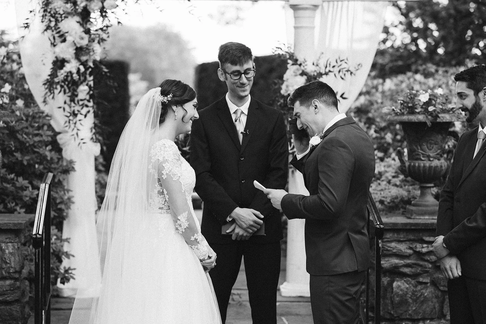 The groom is overwhelmed with emotion while sharing his vows at Drumore Estate.
