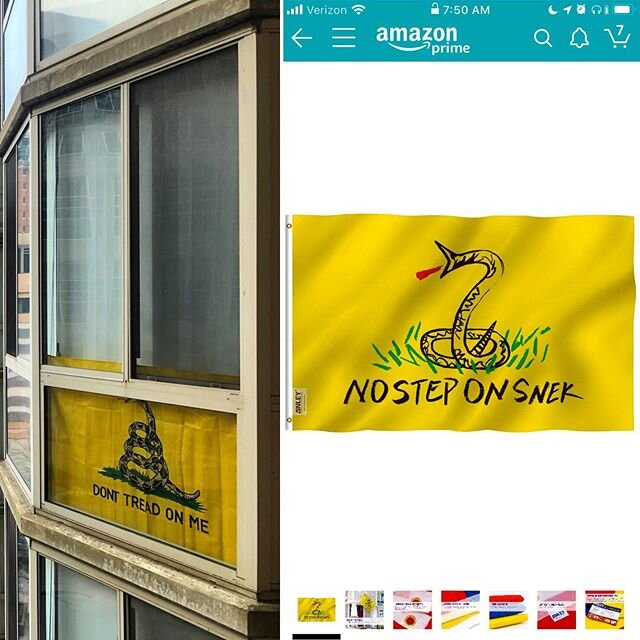 Our neighbors next door got a new Gadsden flag, and I have to admit that I&rsquo;m finding it very hard to resist my instinct to troll them... #nosteponsnek #gadsenflag #donttreadonme #freedomisntfree #buckofive #$1.05 #arlington #arlingtonva #nova #