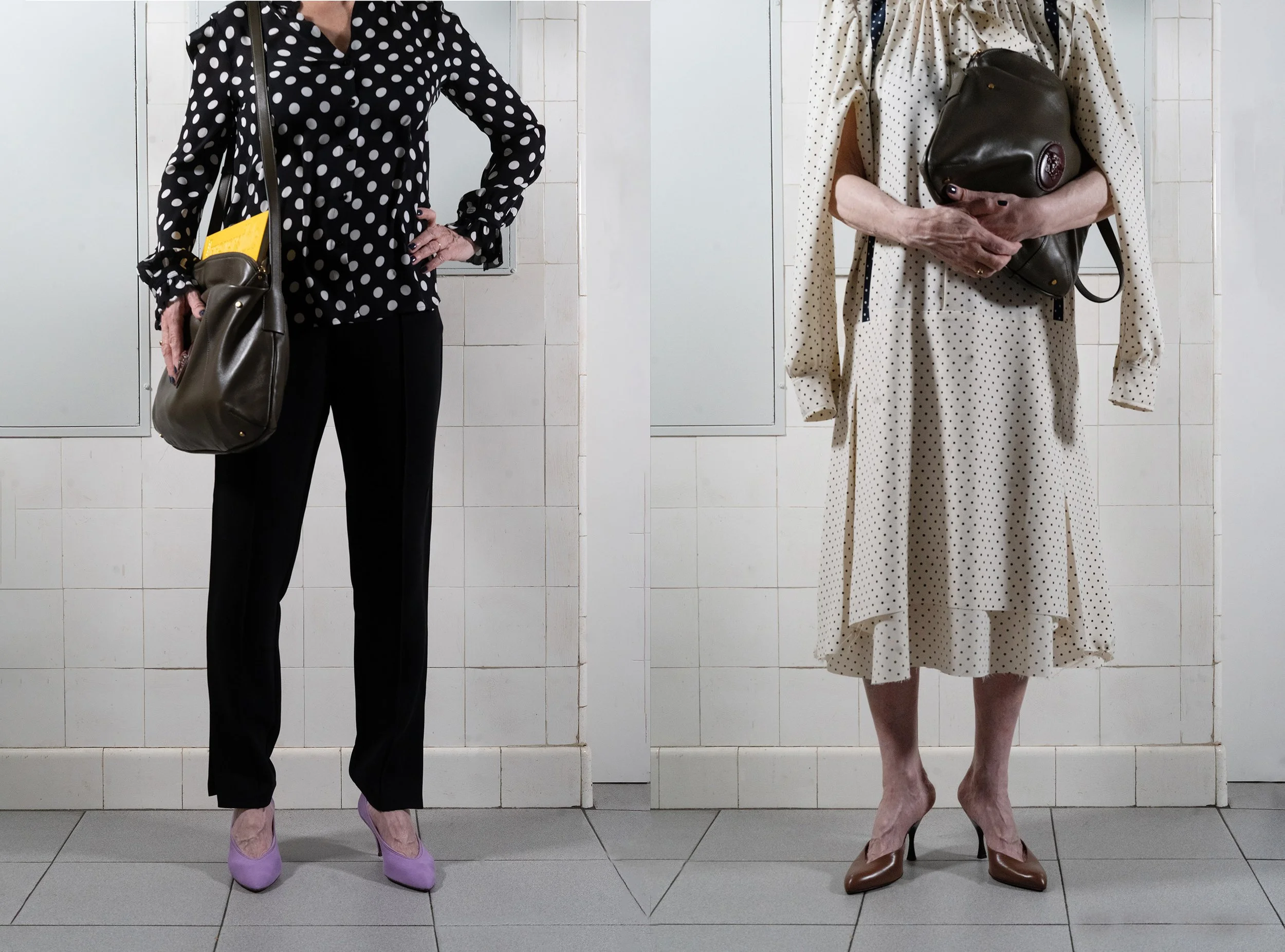   Left: Pumps and bag by Versace.    Right: Dress by Commission, pumps by Herbert Levine and bag by Versace.  