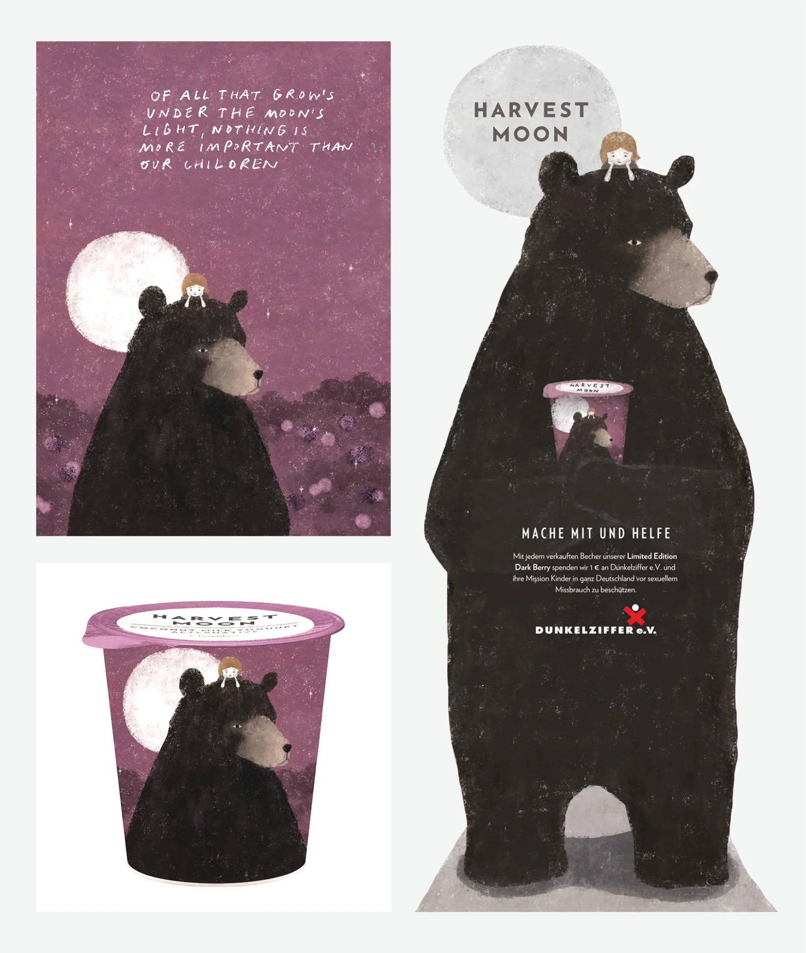 Concept packaging and support materials for special edition Dark Berry, designed to raise money for Dunkelziffer, a German organization that fights sexual abuse against children. In collaboration with Irving and Co. and illustrator, Akira Kusaka.