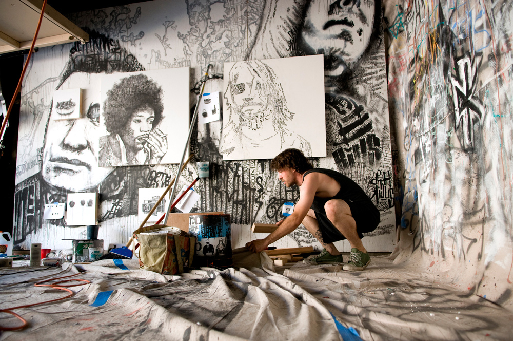 Chris Wolford, one of the artists and leaders of the Dethkills art collective, at his studio garage in Los Angeles, Calif., July 17, 2010.