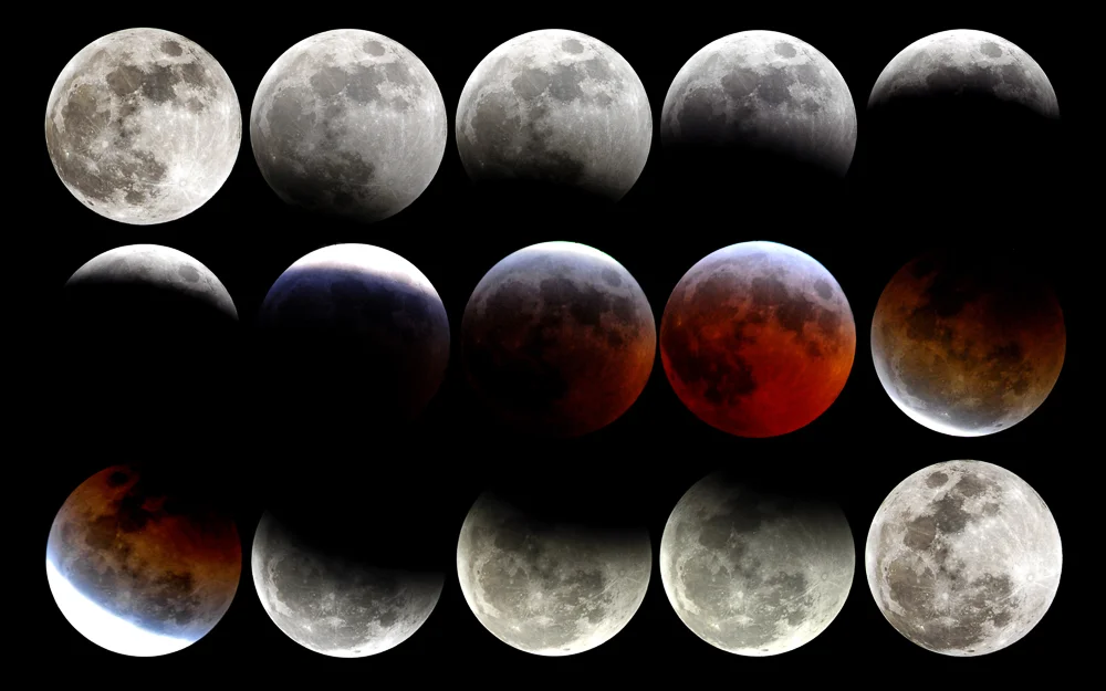  A composite image showing the stages of a lunar eclipse as seen from USS Boxer (LHD 4) while in the North Arabian Gulf. A lunar eclipse occurs when the Sun, Earth and Moon are aligned exactly, causing the moon the pass through some portion of the Ea
