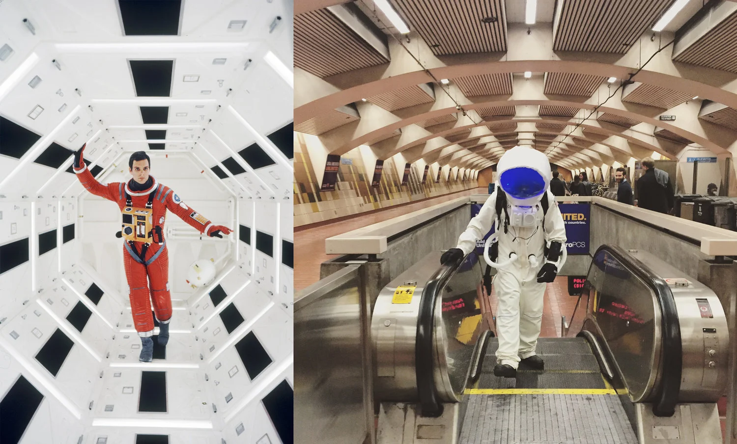 One of my early inspirations for the space suit was the image at left from Stanley Kubrick's 2001: A Space Odyssey. The following image was shot nearly a full month later on Halloween night. No efforts were made to mirror this scene, it came about naturally. In hindsight, seeing them side-by-side really speaks to the power of pre-visualization in any project. Photos from left: MGM, Heidi Lavelle