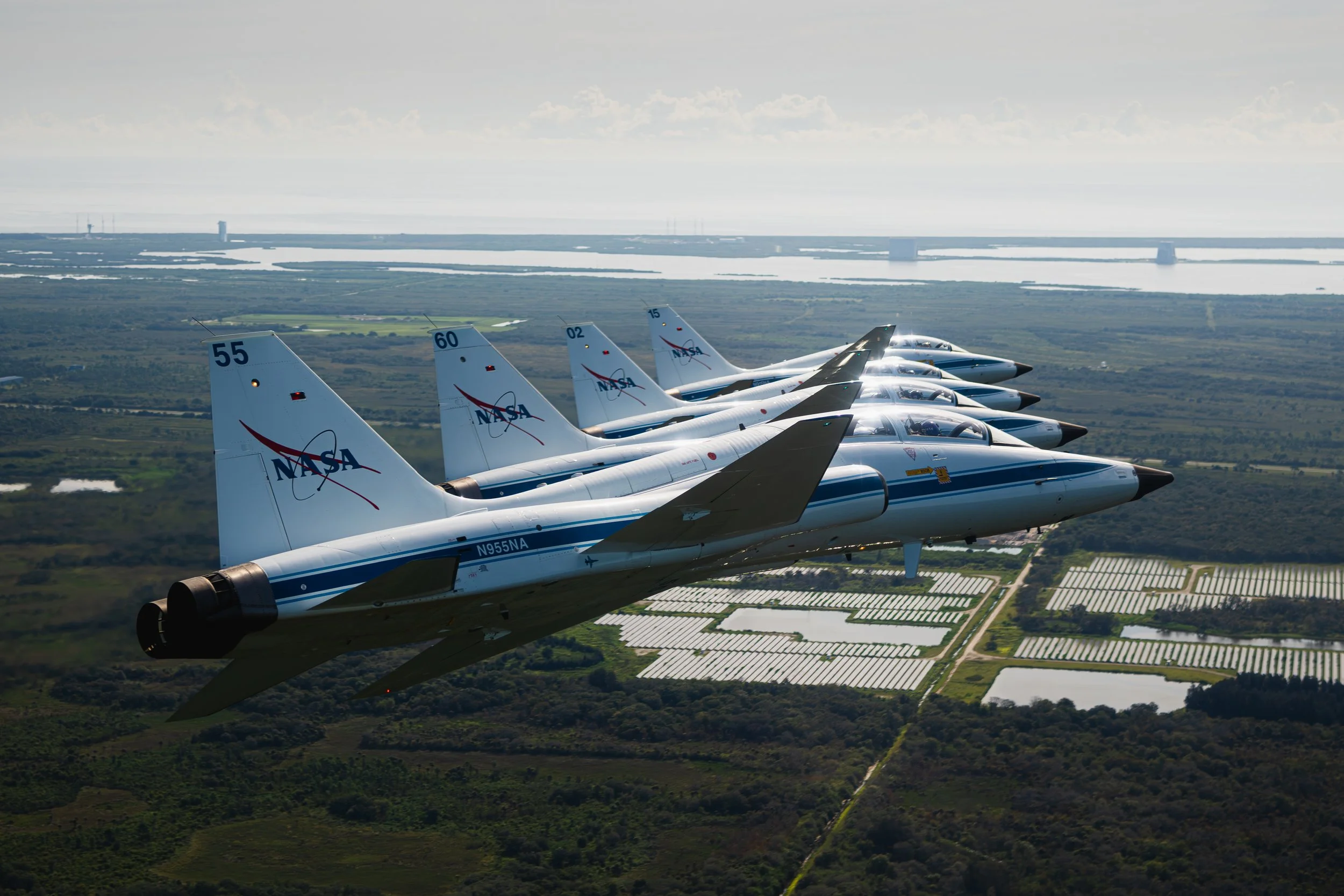  NASA T-38s fly in formation above Kennedy Space Center on the way to photograph Artemis I on the launchpad on August 23, 2022.  Photo: NASA/Josh Valcarcel (jsc2022e066547) 