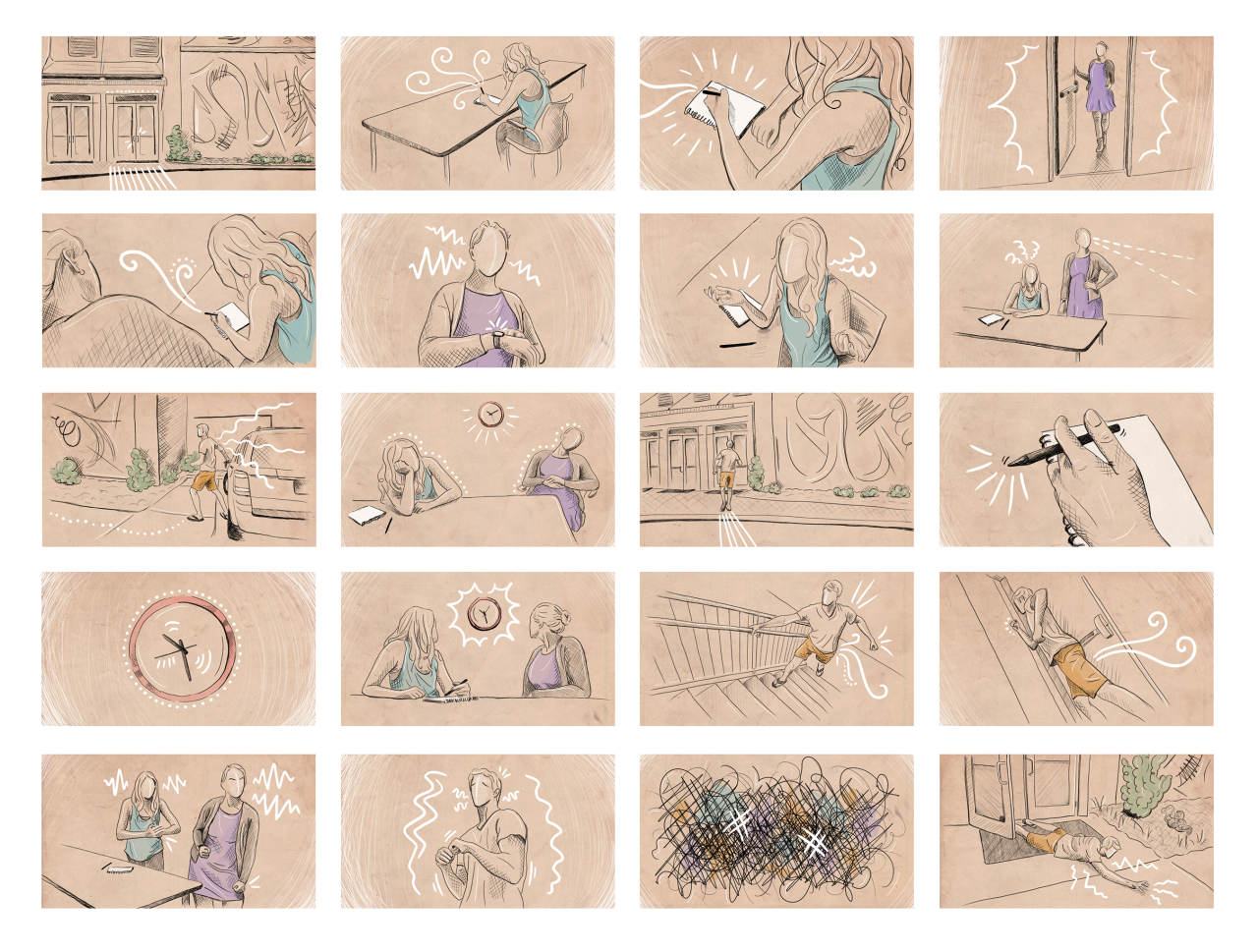 Just finished a continuity exercise for my concepts and storyboards class, a group project where we had to develop a scene with three characters and determine all the camera angles based on a list of requirements (establishing shot, macro shot, parallel cutting, shot-reaction, etc). Then we each chose a style and created the storyboards in our unique stylistic approaches. Here’s what I came up with! This was my first time drawing in Photoshop extensively so I had a lot of fun figuring things out. Below are all 20 shots in the storyboard: