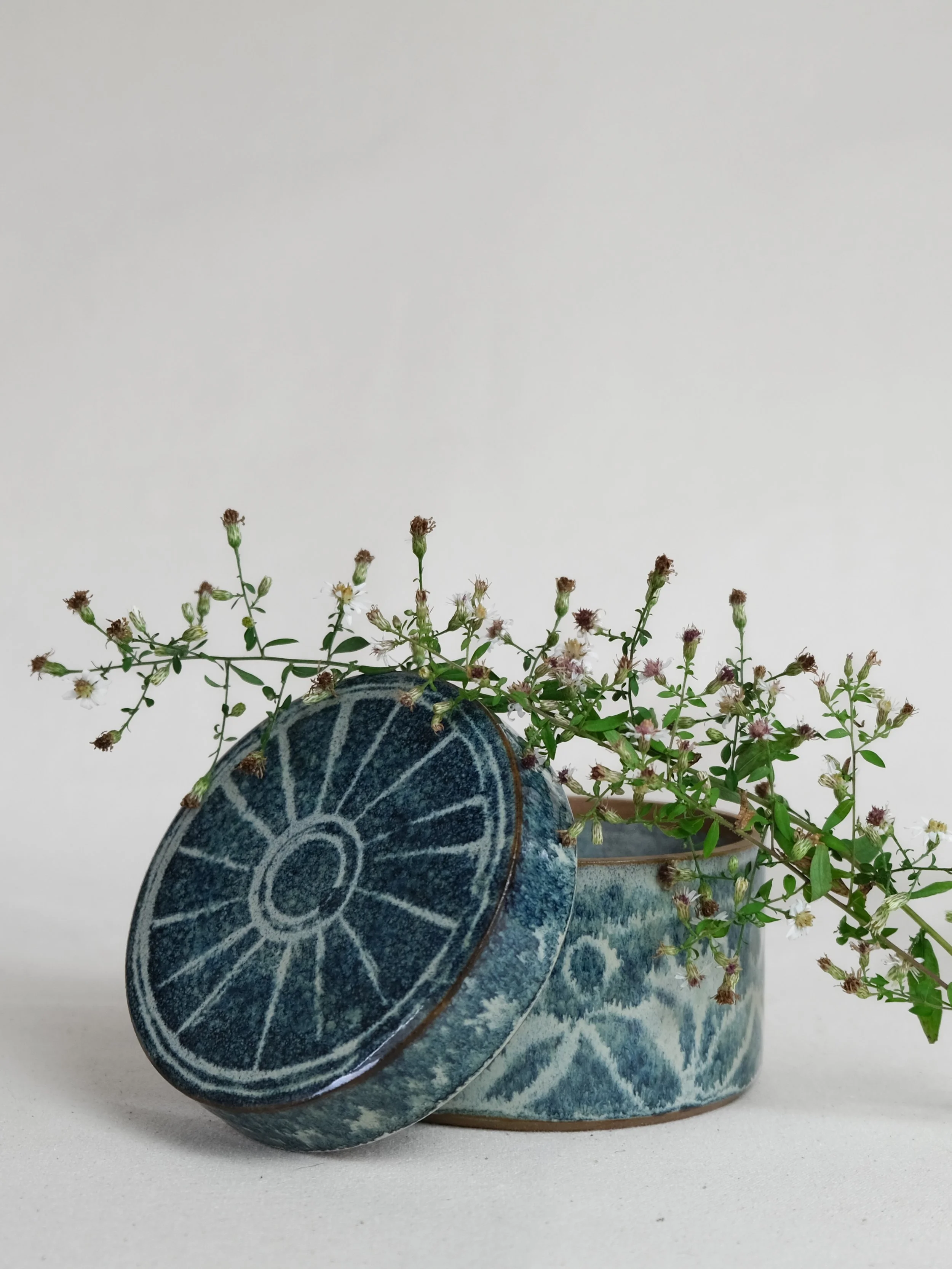 Lidded jar ~~

Glazed red clay
