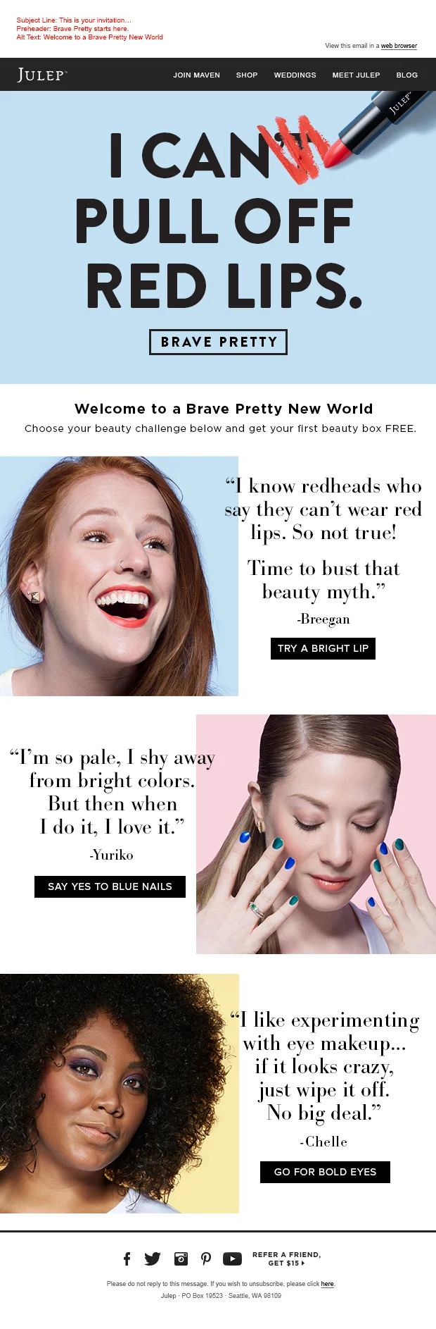 Email to acquire beauty box subscribers, aka "Julep Mavens"