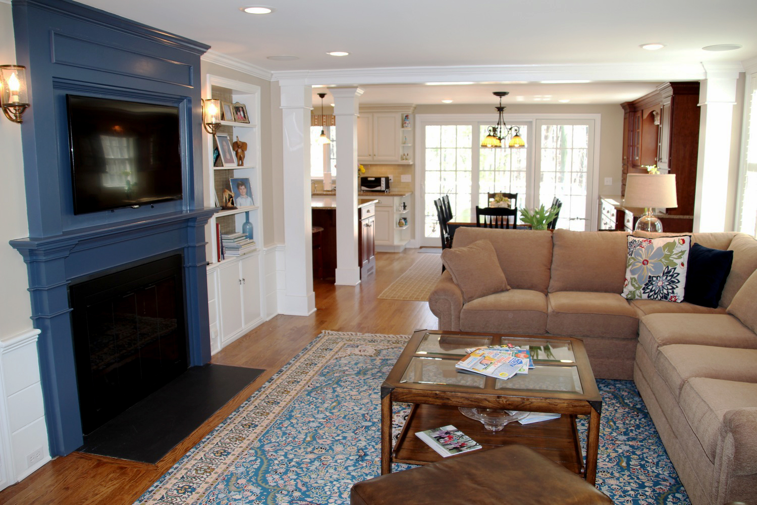 Family room with custom designed fireplace and mantel