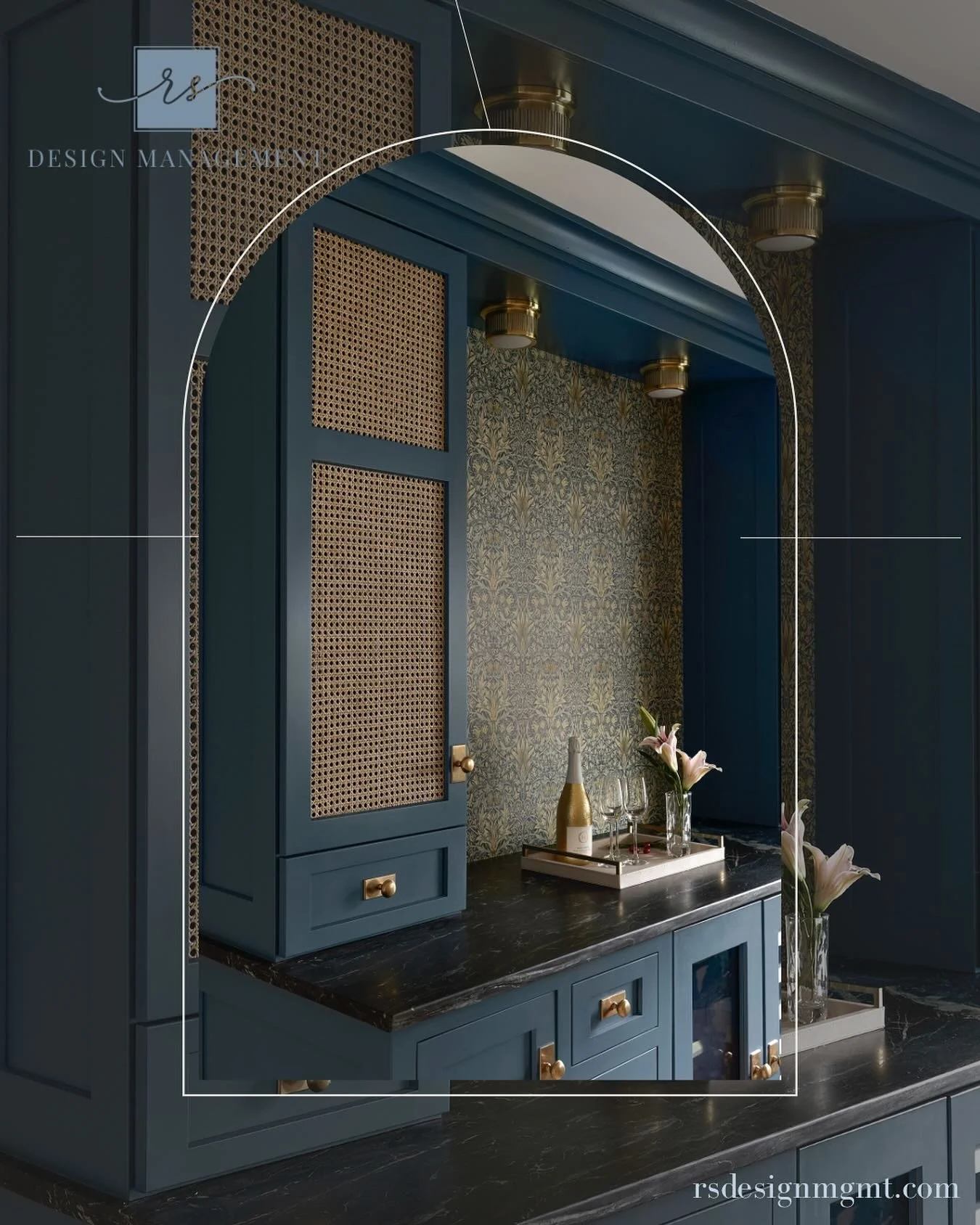 Moody blues, warm brass, and a touch of texture. 
This bar nook proves that small spaces can make the biggest statement 

#interiordesign 
#homebar 
#moodyinteriors 
#customcabinetry 
#designdetails 
#modernclassic 
#bluecabinets 
#asidnj 
#njinterio