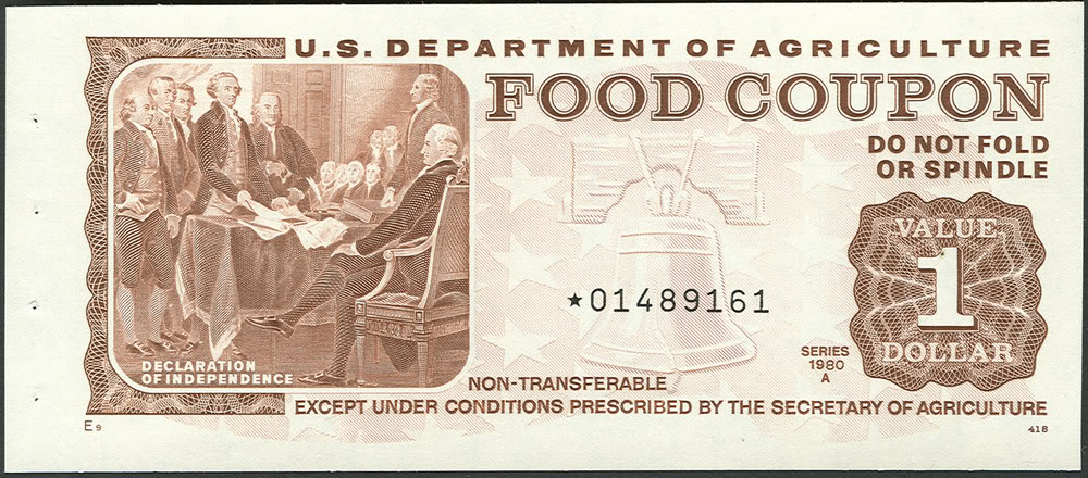Food coupon from 1980 showcasing the signing of the Declaration of Independence. From Society of Paper Money Collectors .