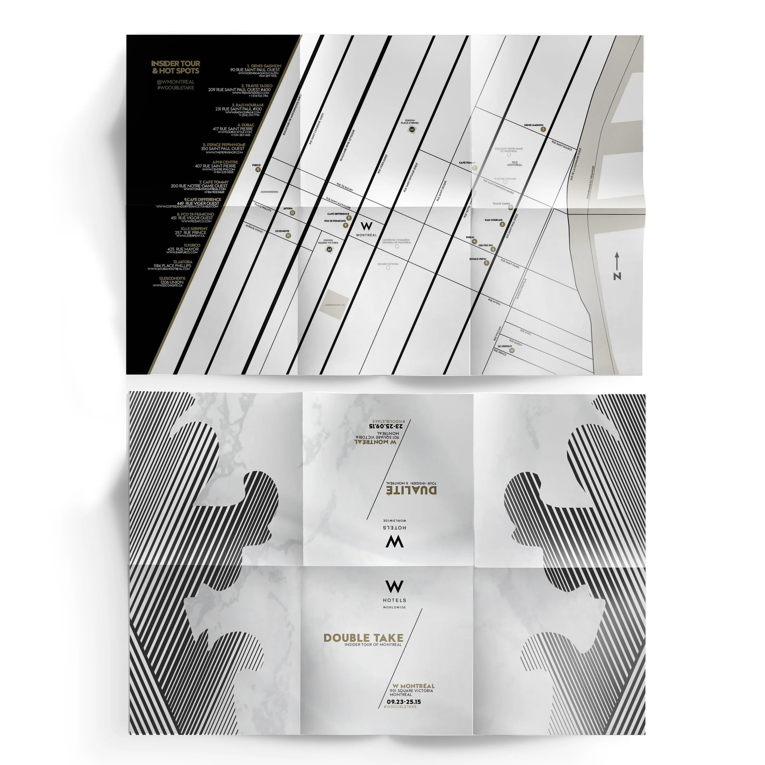 W Montréal Relaunch (2015) In collaboration with The Gathery as a contractual art director/designer. Printed collateral from invitation to insider map of the city, and experiential graphic assets were conceived and designed. See More...