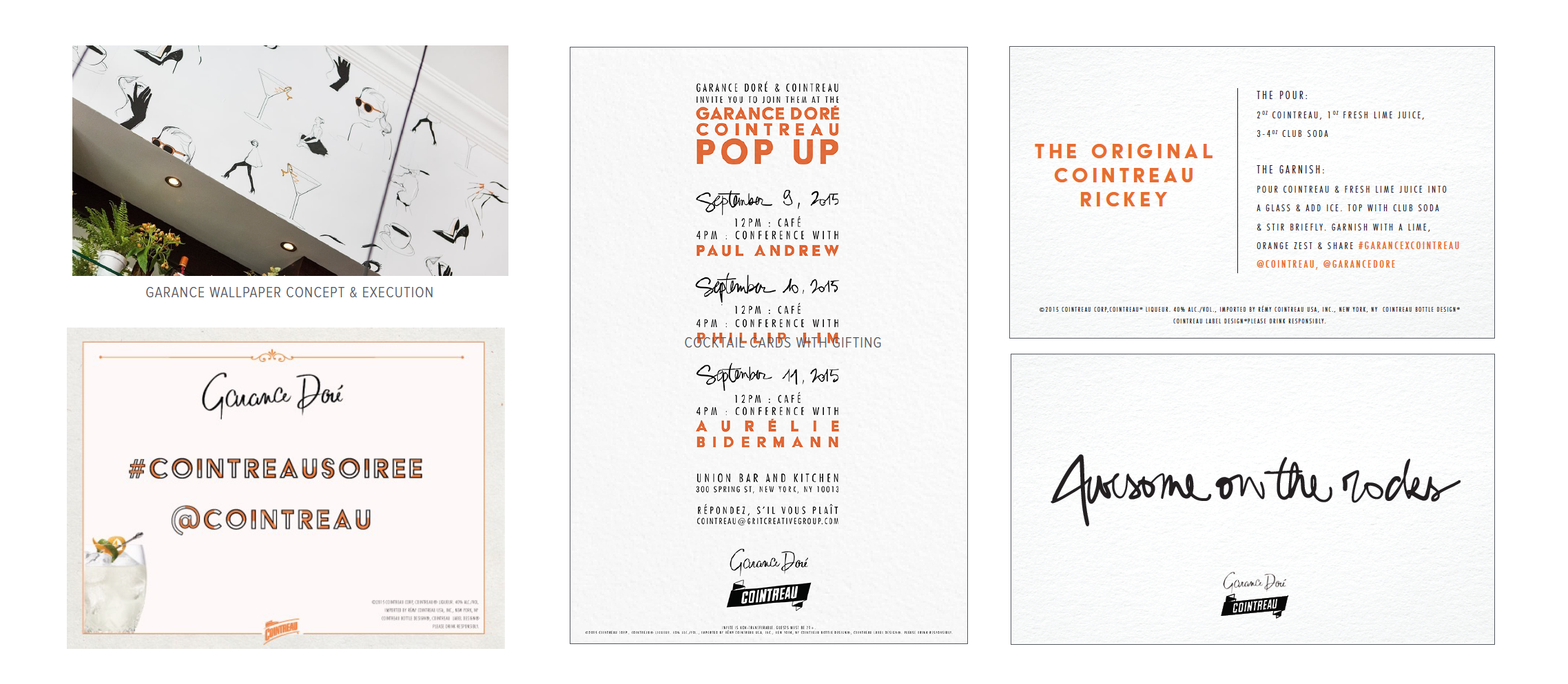 Cointreau x Garance Doré (2015) In collaboration with The Gathery as a contractual art director/designer. Printed collateral from invitation to menus, cocktail cards, and experiential graphics were conceived and designed.