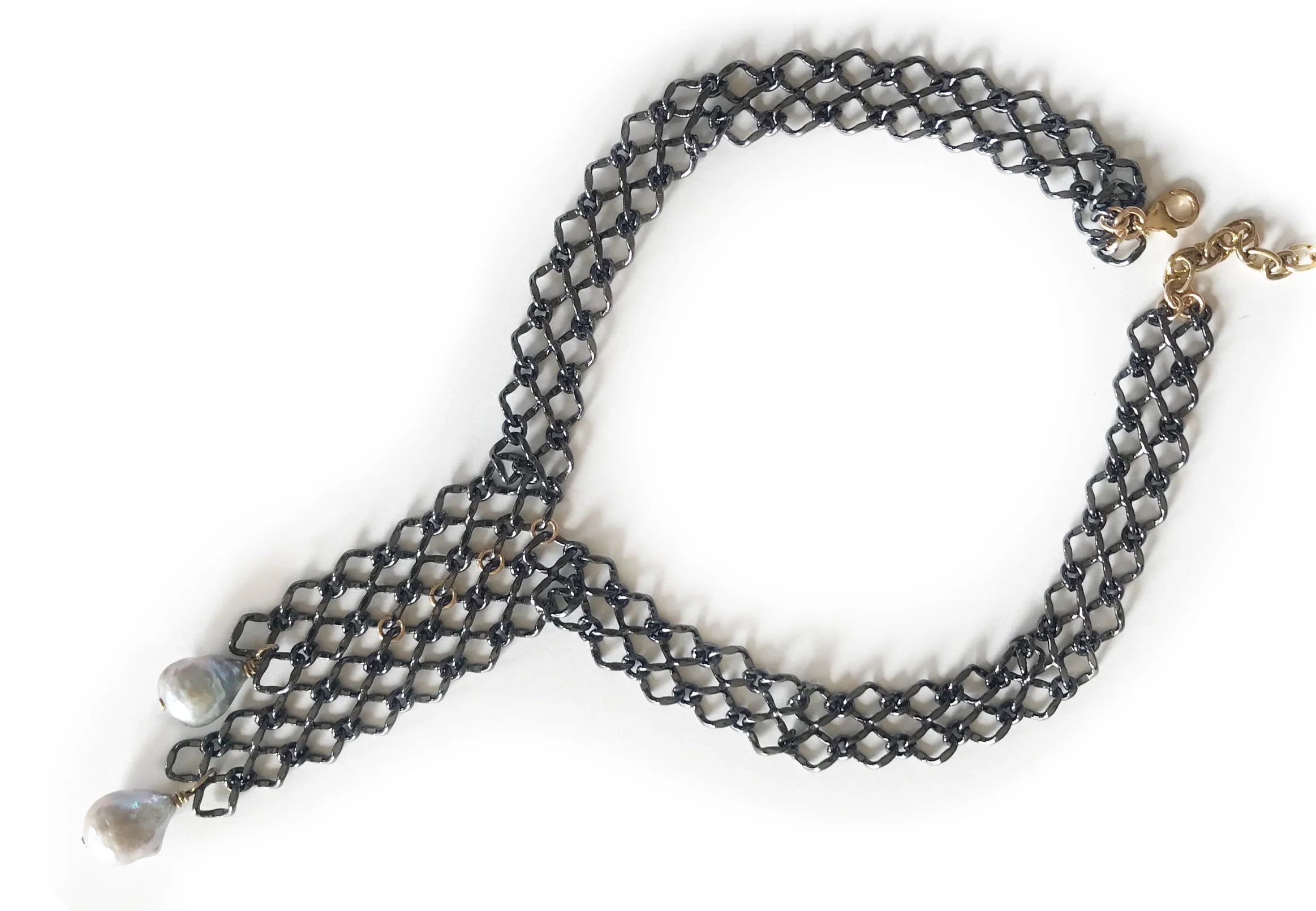 Gunmetal V Net Necklace with Freshwater pearls