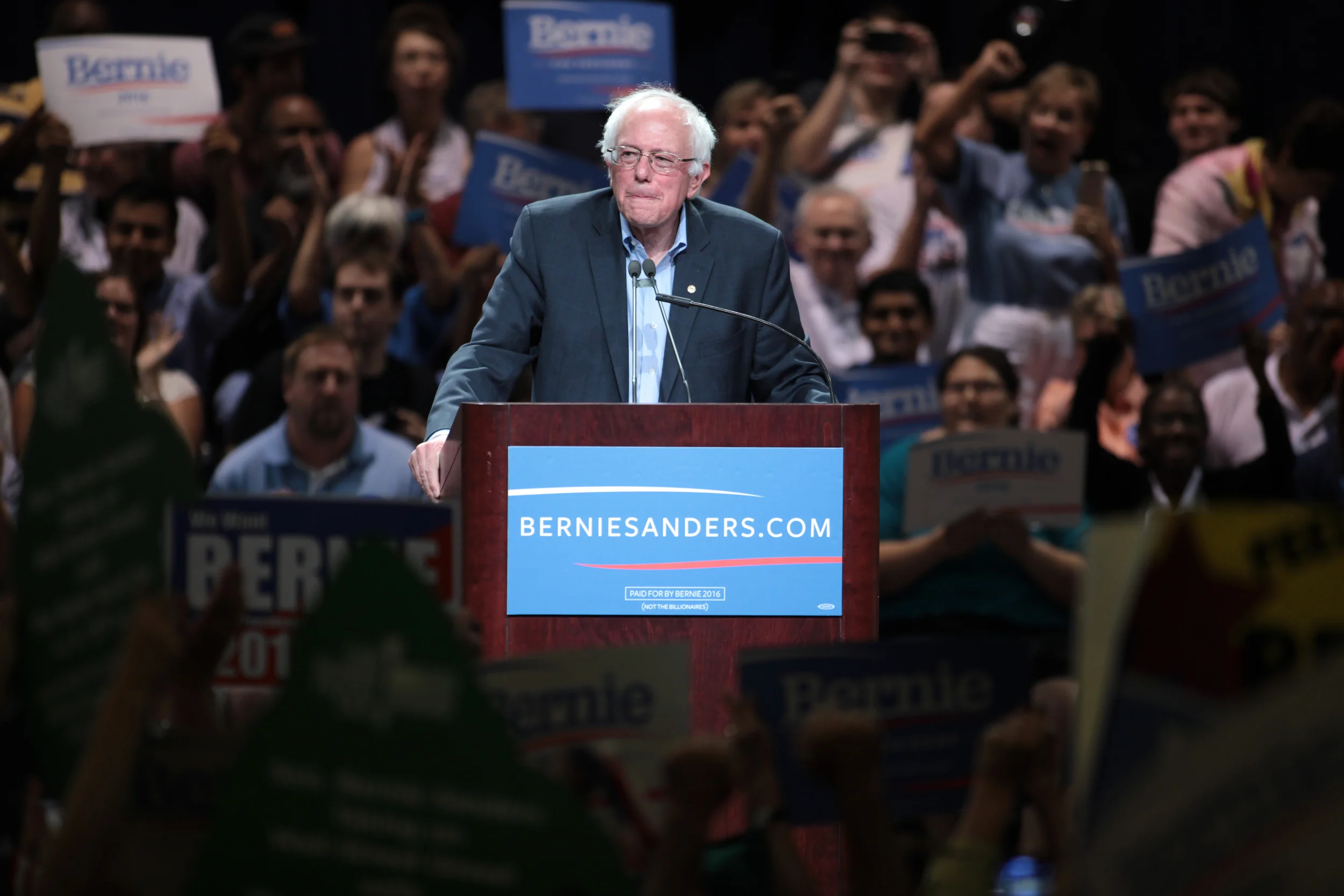 Sen. Bernie Sanders speaking at a town meeting at the Phoenix Convention Center in Phoenix, Arizona. Flickr / Gage Skidmore .