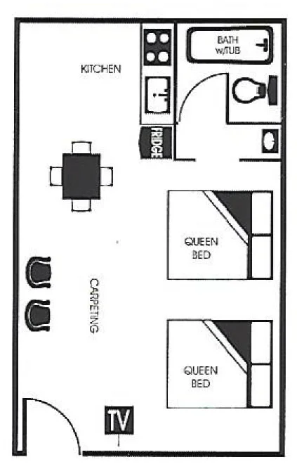   One-Room Units   #25-31  &nbsp;(Building E)   Micro-Fridge only   Sleep 4   416 sq. ft.  