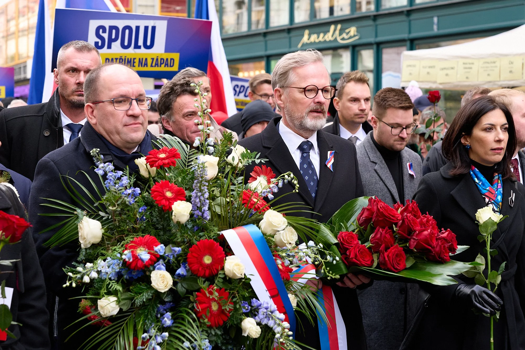 Czech Prime Minister Petr Fiala lays flowers at the Velvet Revolution memorial in Prague.