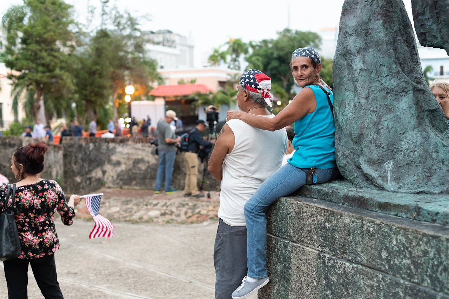  Supporters of Governor Ricardo Rosselló wait at the rear entrance of the Governor’s mansion to be greeted by Rosselló’s wife Beatriz Rosselló the night before he is to leave office. San Juan, Puerto Rico, Aug. 1st, 2019. 