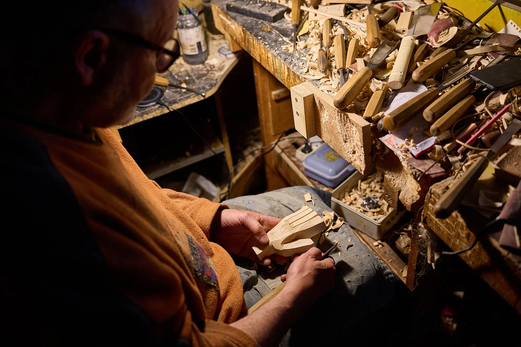  Martin hand-carving a piece of what will become a Czech marionette.  