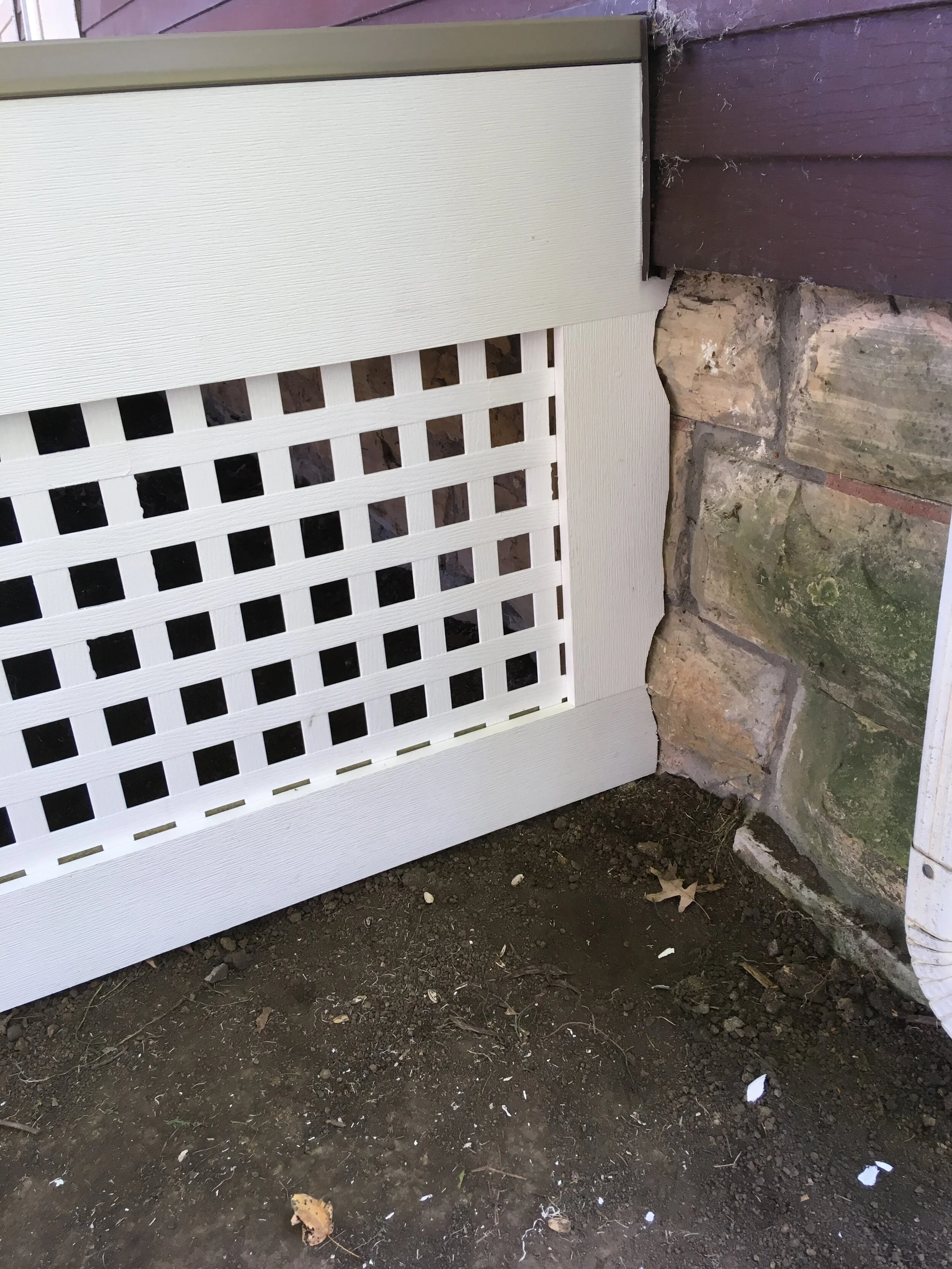  Attempts were made over the years by others to add lattice and the wood was wrapped in aluminum coil stock. We updated those aspects by using PVC privacy lattice and Azek trim boards. The Azek was nice to work with,  it allowed us to match the conto