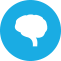 White brain icon on blue circular background