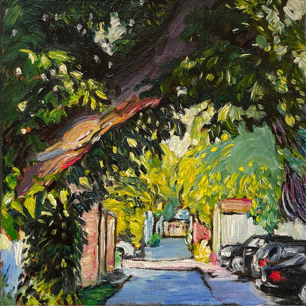Product photo of 'Half-Remembered Street' – Experience the vibrant brushwork and dynamic light in Leslie Parker's oil painting, "Half-Remembered Street," capturing the charm of a Toronto laneway.