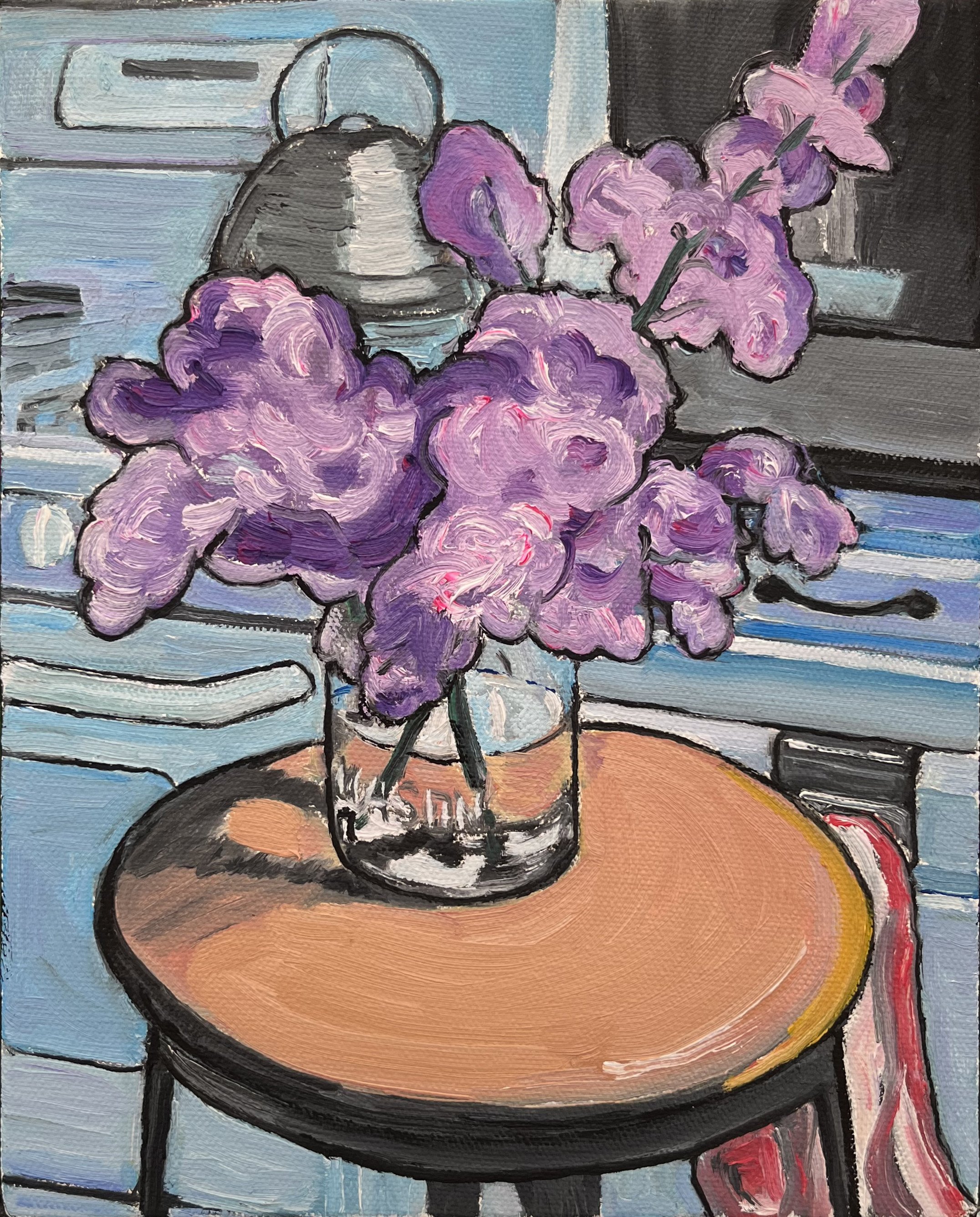 Lilacs on a Stool, 8x10x1.5, 2023