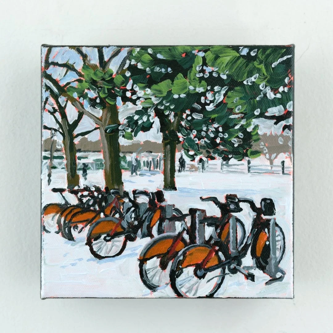 A row of bikes, waiting for the spring - 6"x6"