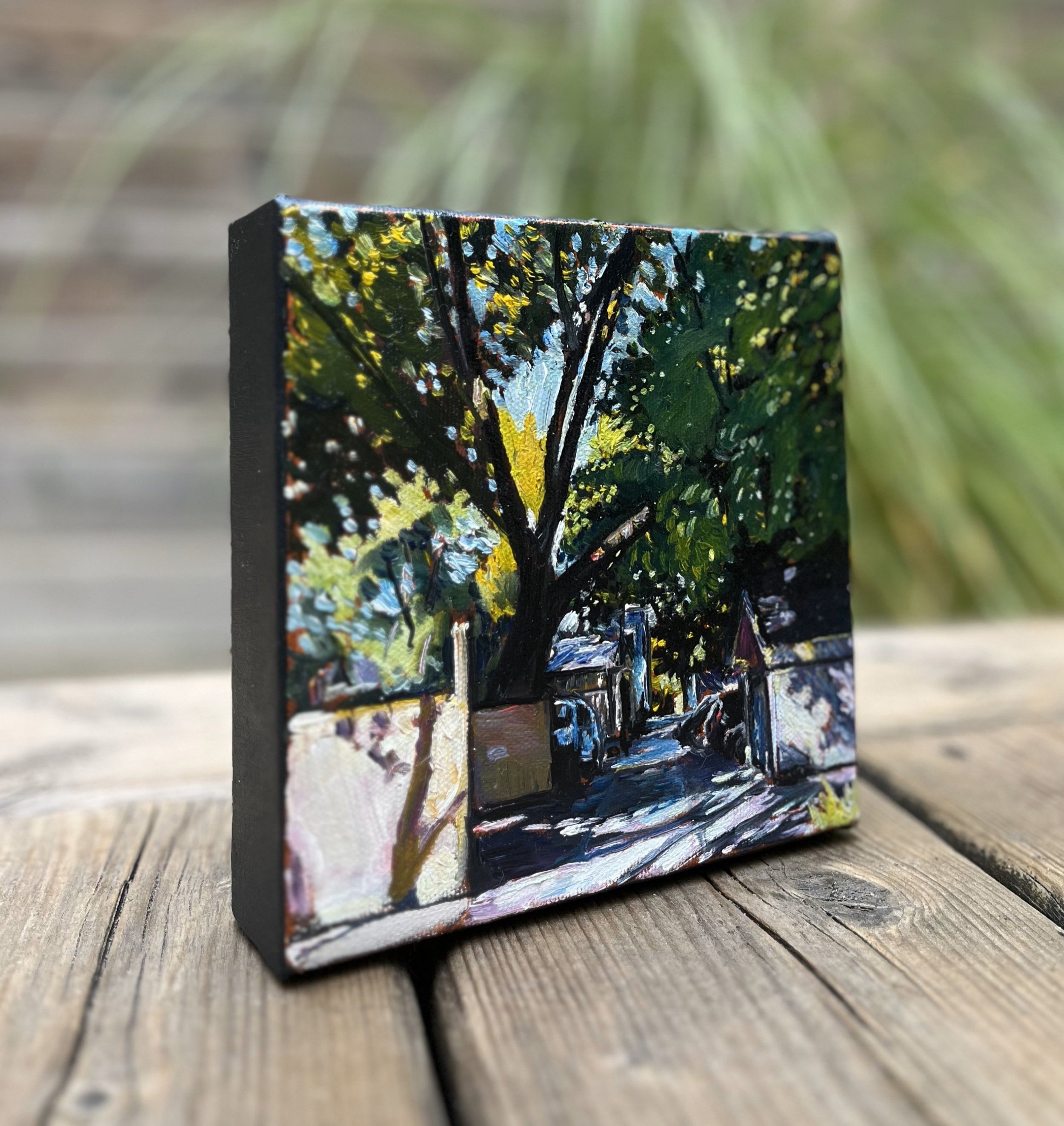 Quiet Morning Painting, Side View – A closer look at the texture and depth of Quiet Morning, showing the brushstrokes and vibrant layers from an angle. Perfect for lovers of urban landscapes.