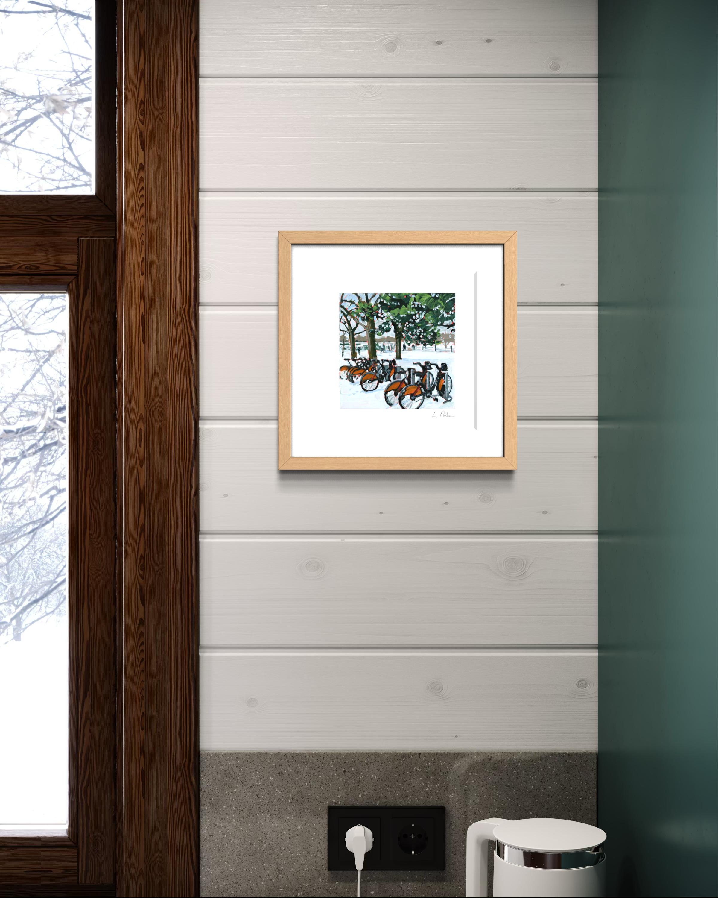 bike-share bikes in the snow at Greenwood Park — framed Toronto art print hanging on a white tile wall