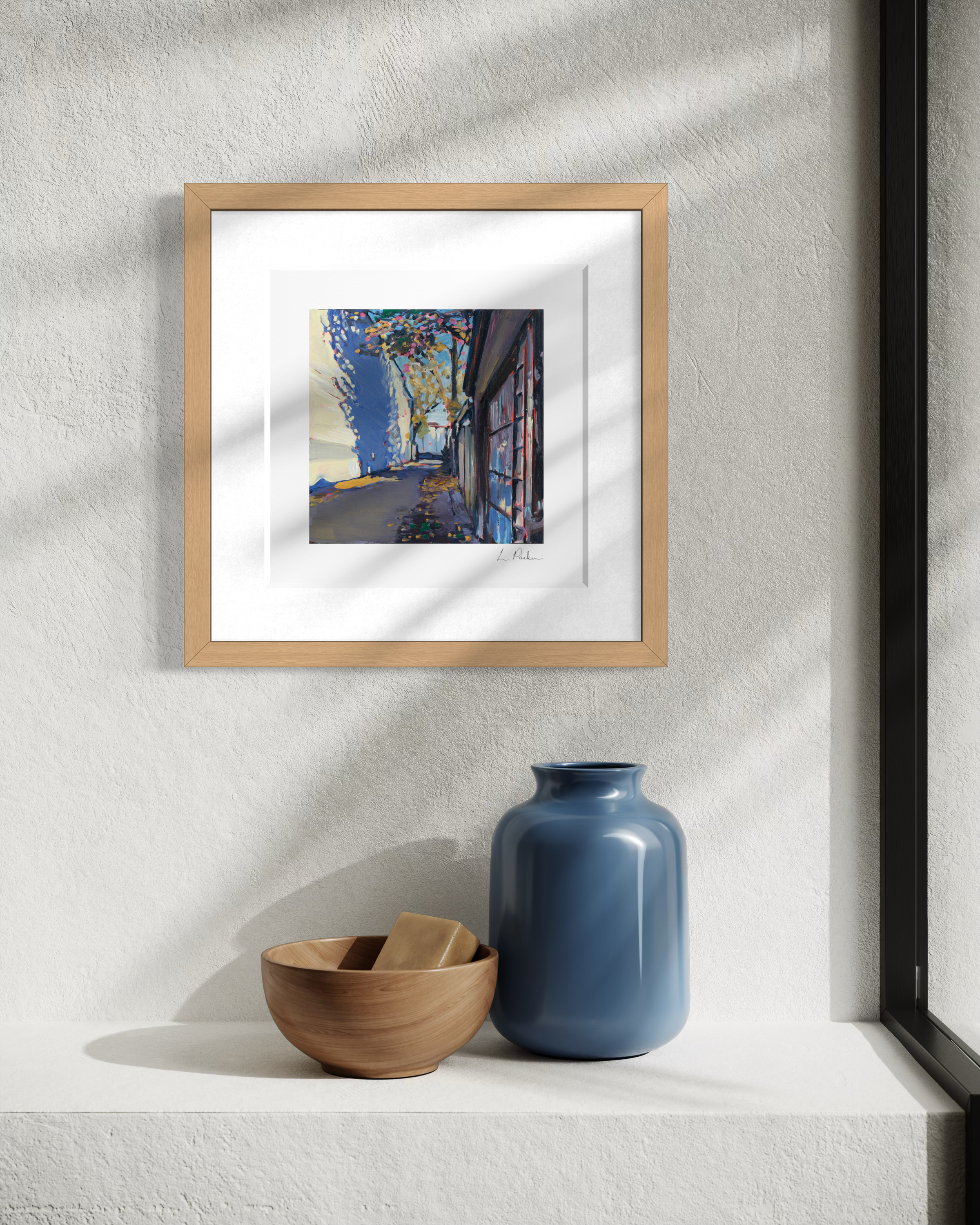 a tree shadow on a Leslieville laneway wall — framed Toronto art print hanging on a wall