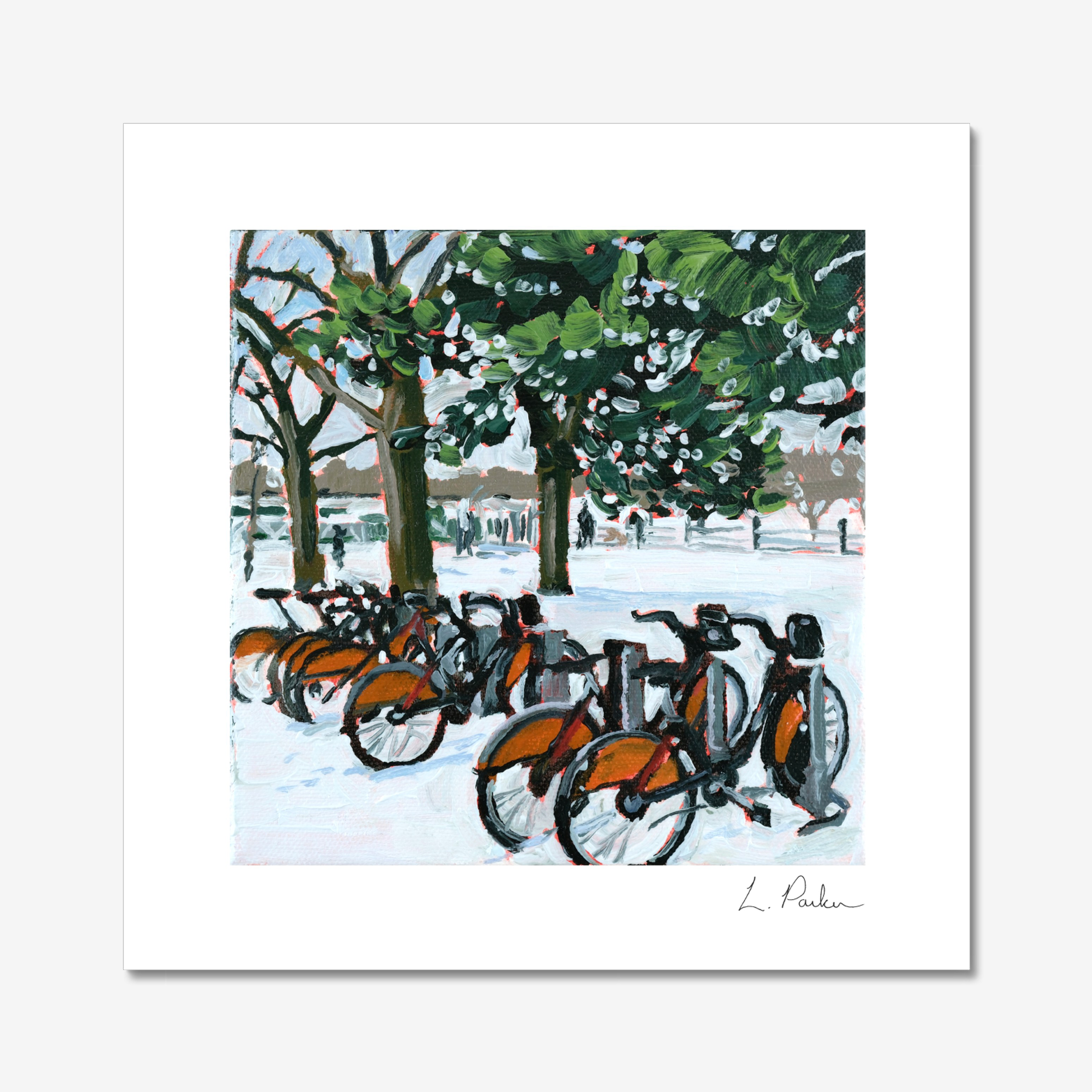 A row of bikes, waiting for spring- 8"x8" Print