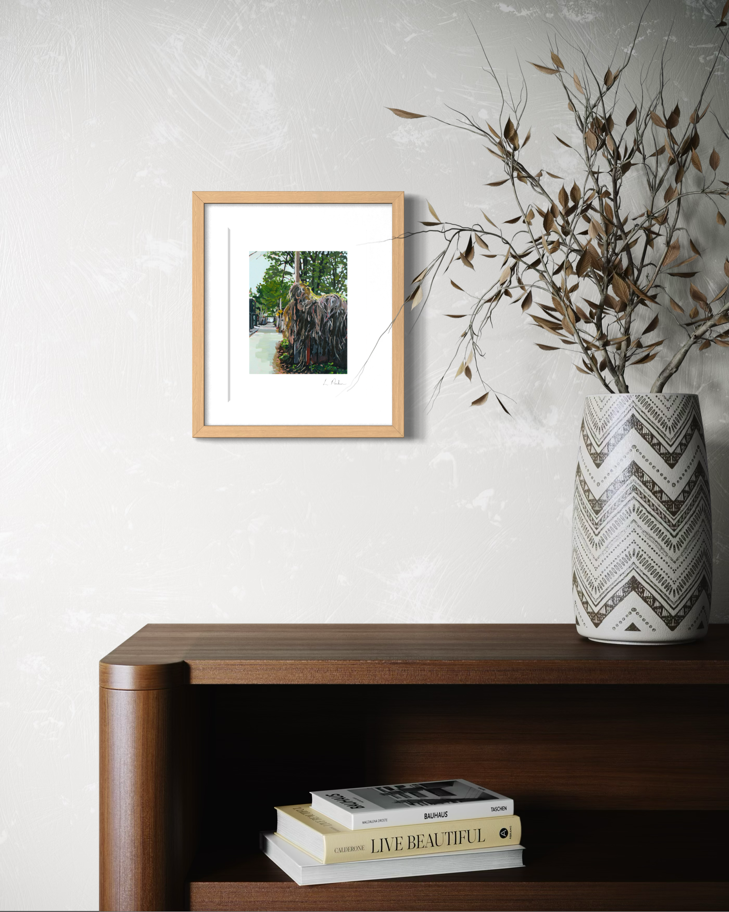 a vine-covered Toronto laneway fence — framed Toronto art print hanging on a wall