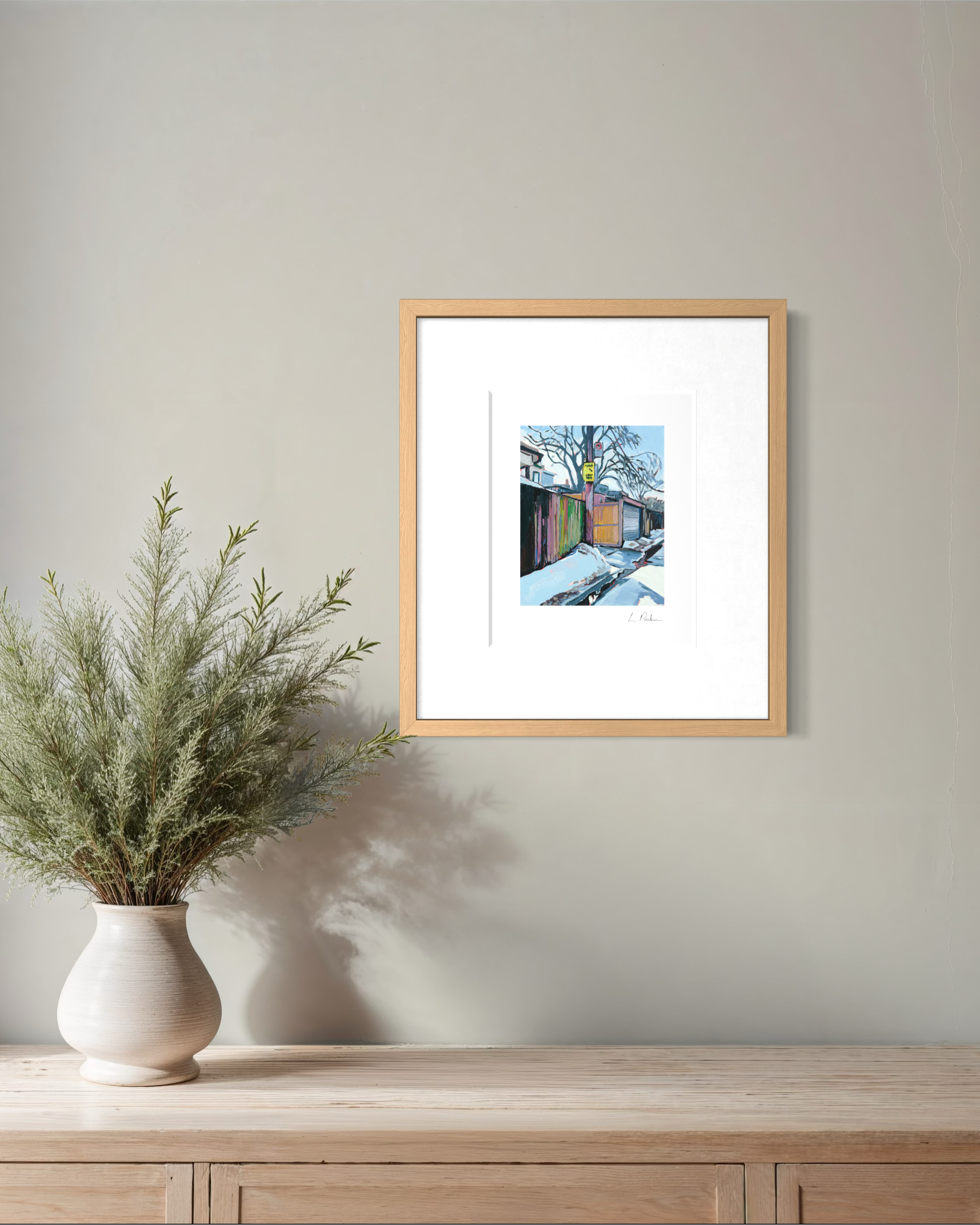 a Toronto laneway in thaw -  framed Toronto art print hanging on a wall