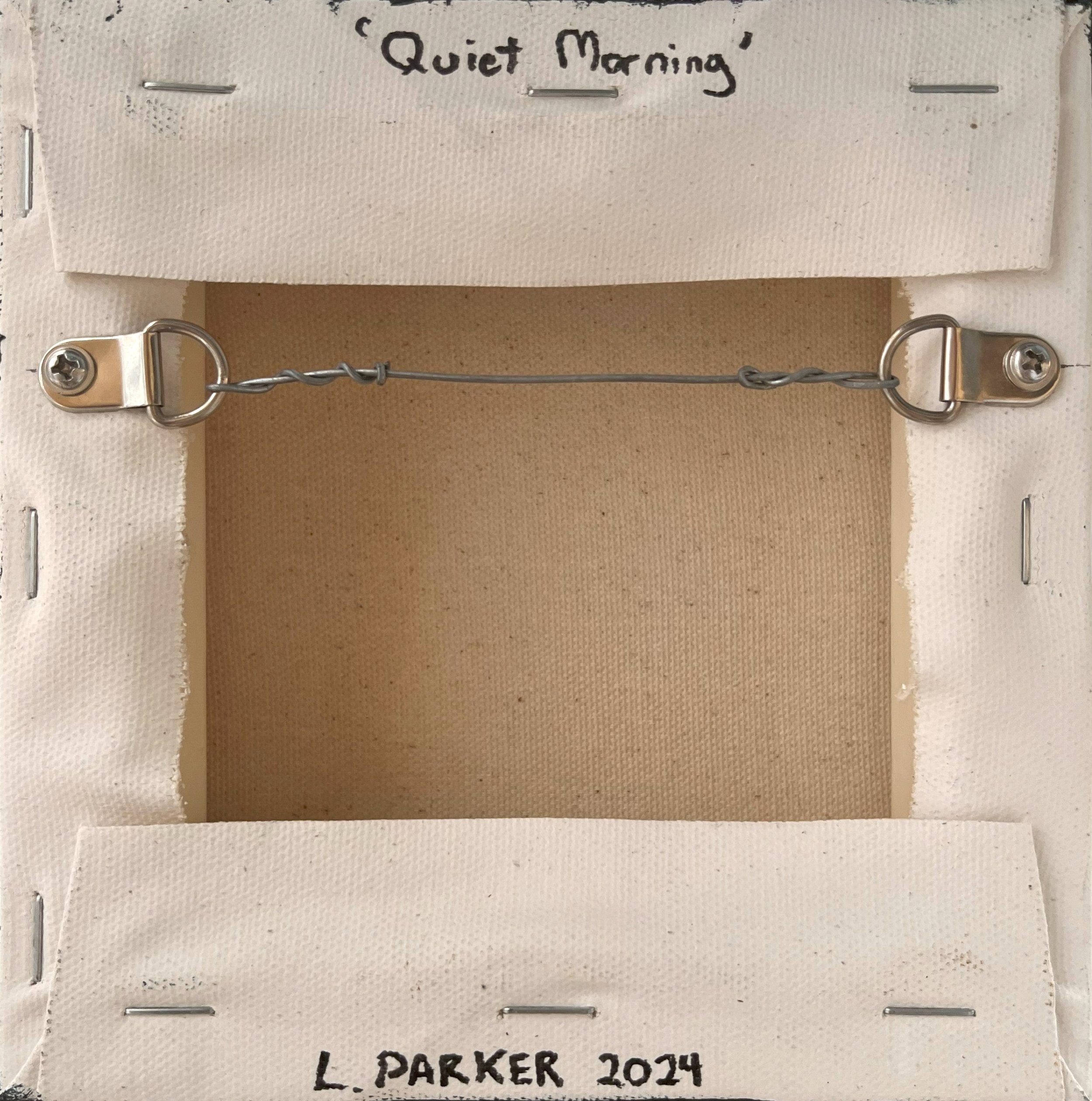 Quiet Morning Painting, Canvas Back – See the back of Quiet Morning, complete with sturdy wiring and finished black edges, ready to hang as a unique piece in any art collection.