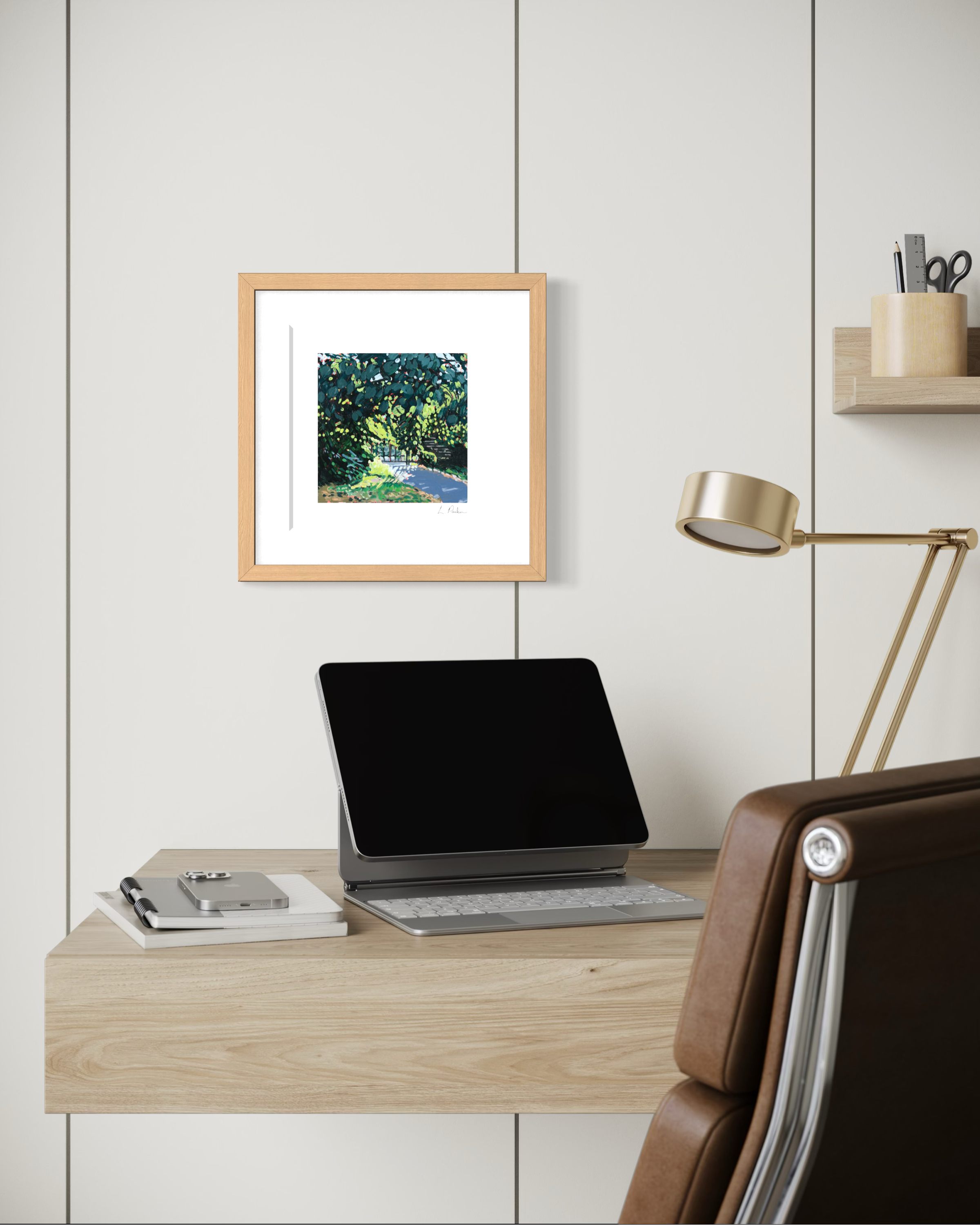 a half-hidden iron gate — framed Toronto art print hanging in a contemporary office space