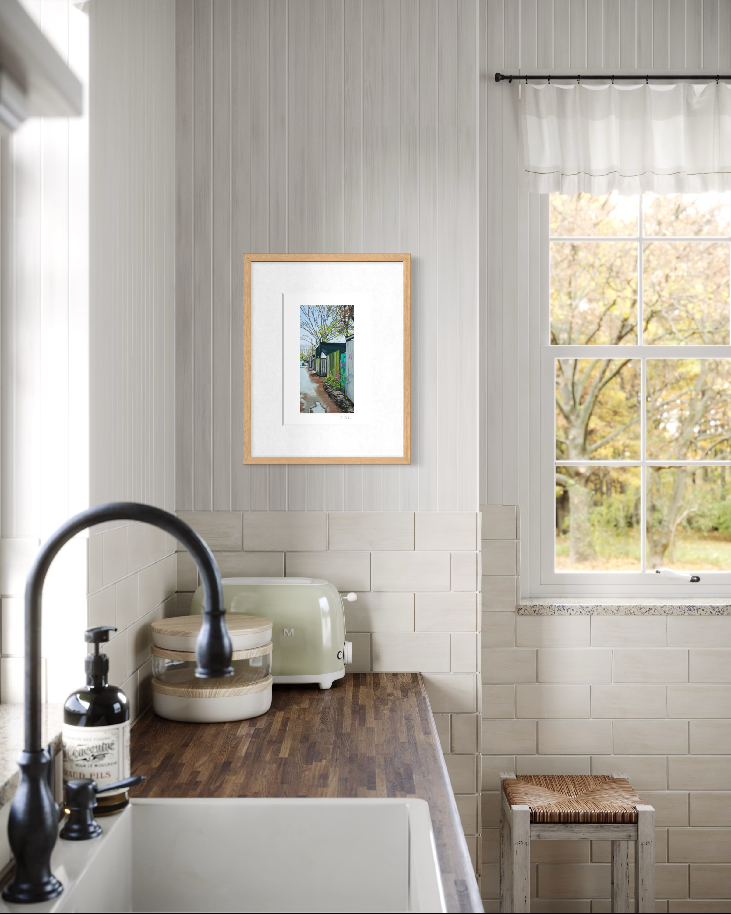 Toronto garages in early spring — framed Toronto art print hanging on a modern country style kitchen wall
