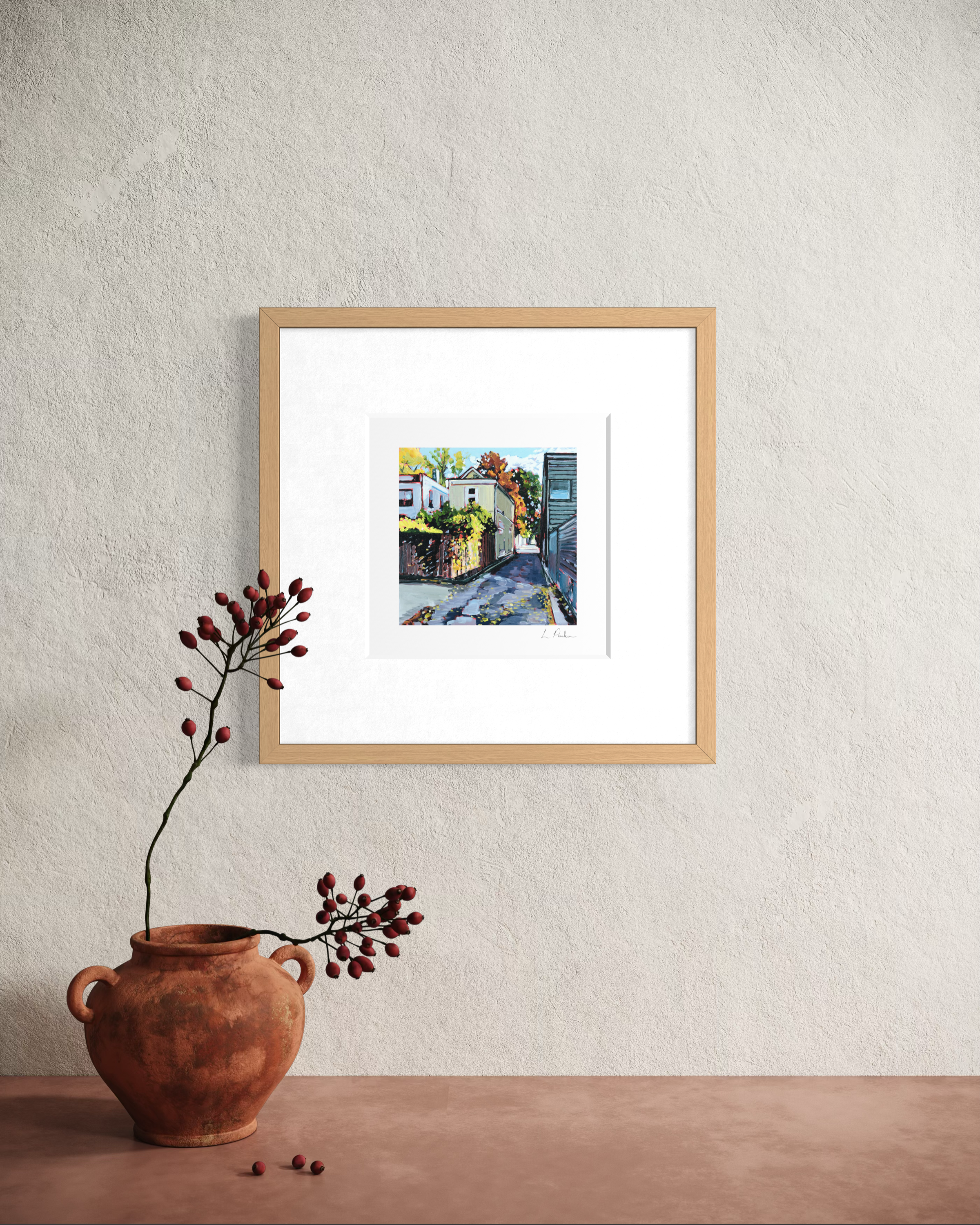 sunlight on a Leslieville fence - framed Toronto art print hanging on a wall