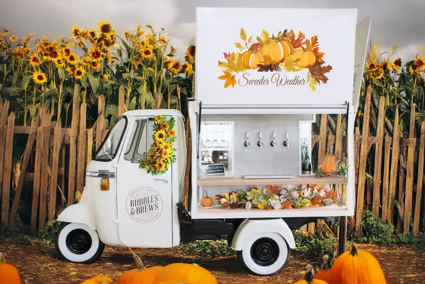🍂 Happy First Day of Fall! 🍁 

There's nothing like cozy sweater weather, crisp air, and the perfect sip to welcome the season. Our Bubbles &amp; Brews Piaggio Ape is all dressed up and ready for autumn fun in the pumpkin patch! 🎃🍂 Whether you&rs