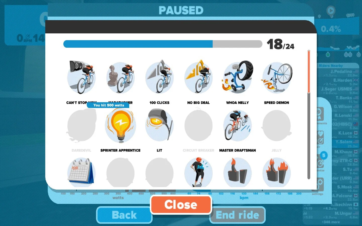 I also earned 2 achievements: "Sprinter Apprentice" and "Lit" for hitting 500 watts and 600 watts respectively