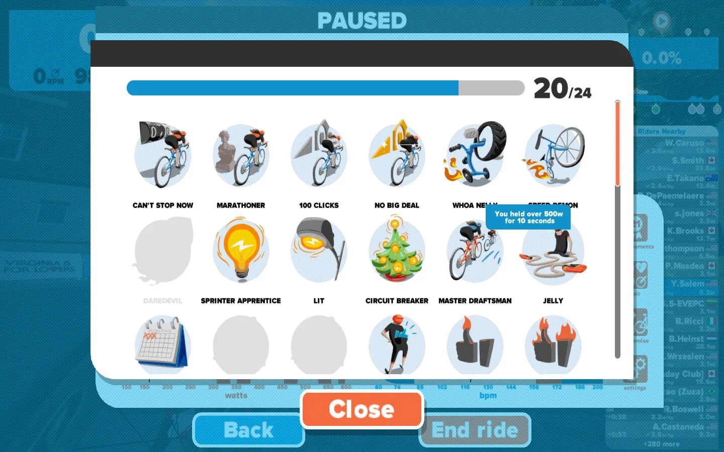 And the other achievement I got was called "Jelly" for holding over 500 watts for 10 seconds 