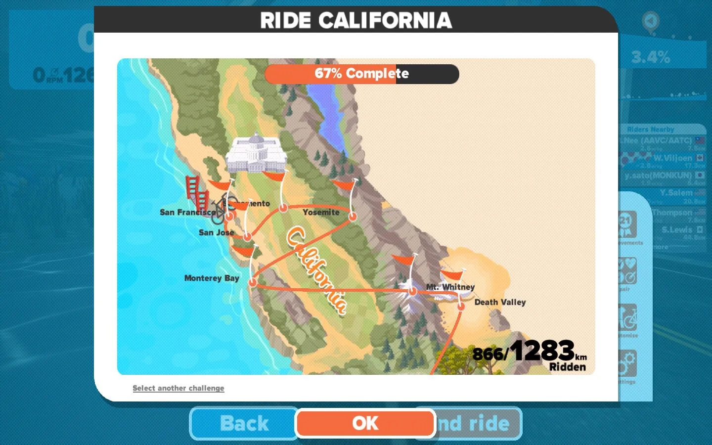 I'm about 2/3 of way to completing the @gozwift Ride California challenge.