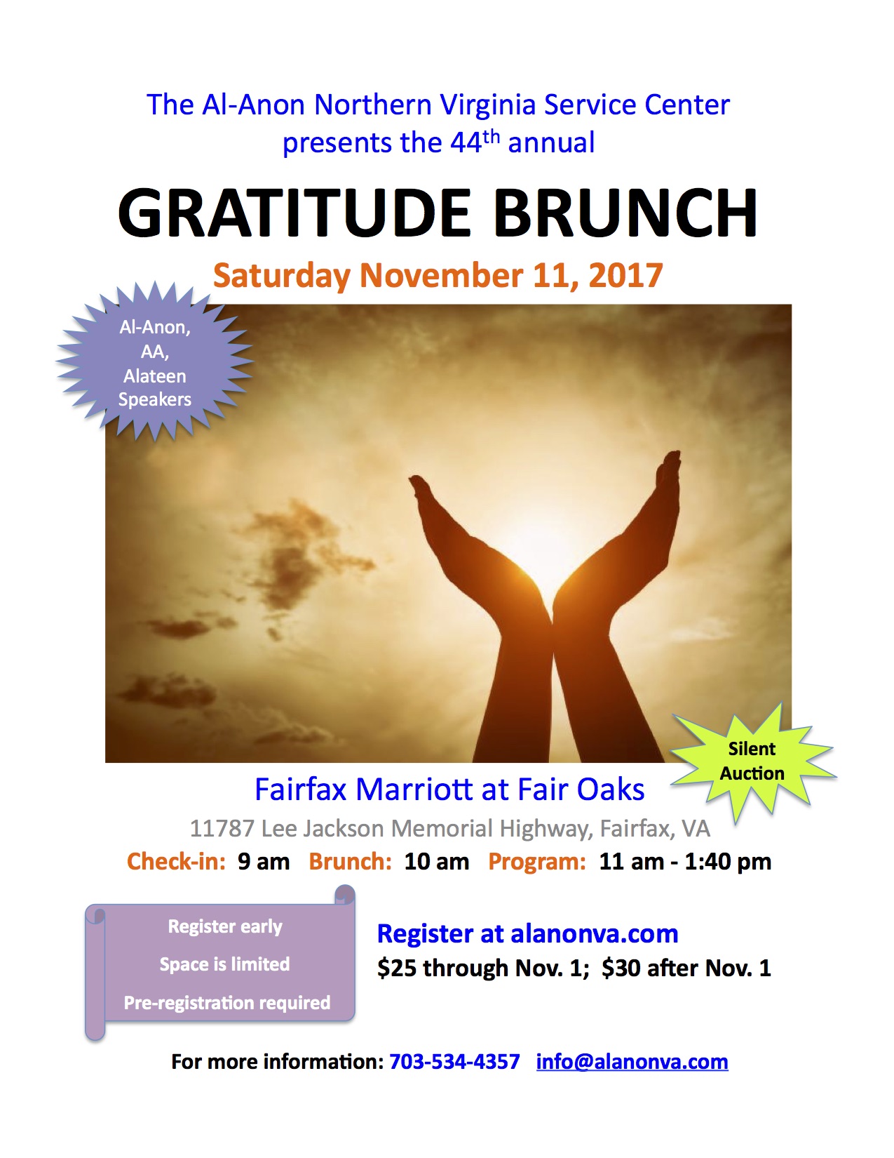 Register by Nov 1 to get Discount for Al-Anon 2017 Gratitude Brunch on Nov  11, 2017 — Virginia Al-Anon Loudoun District 10