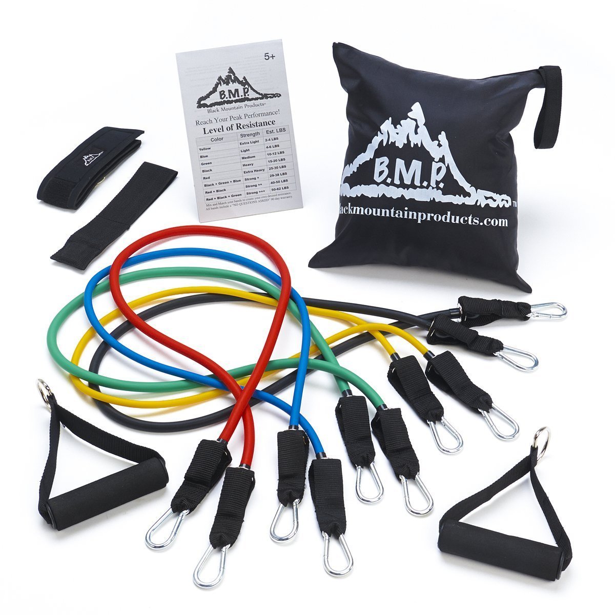 Black Mountain Products Resistance Band Set with Door Anchor, Ankle Strap, Exercise Chart, and Carrying Case