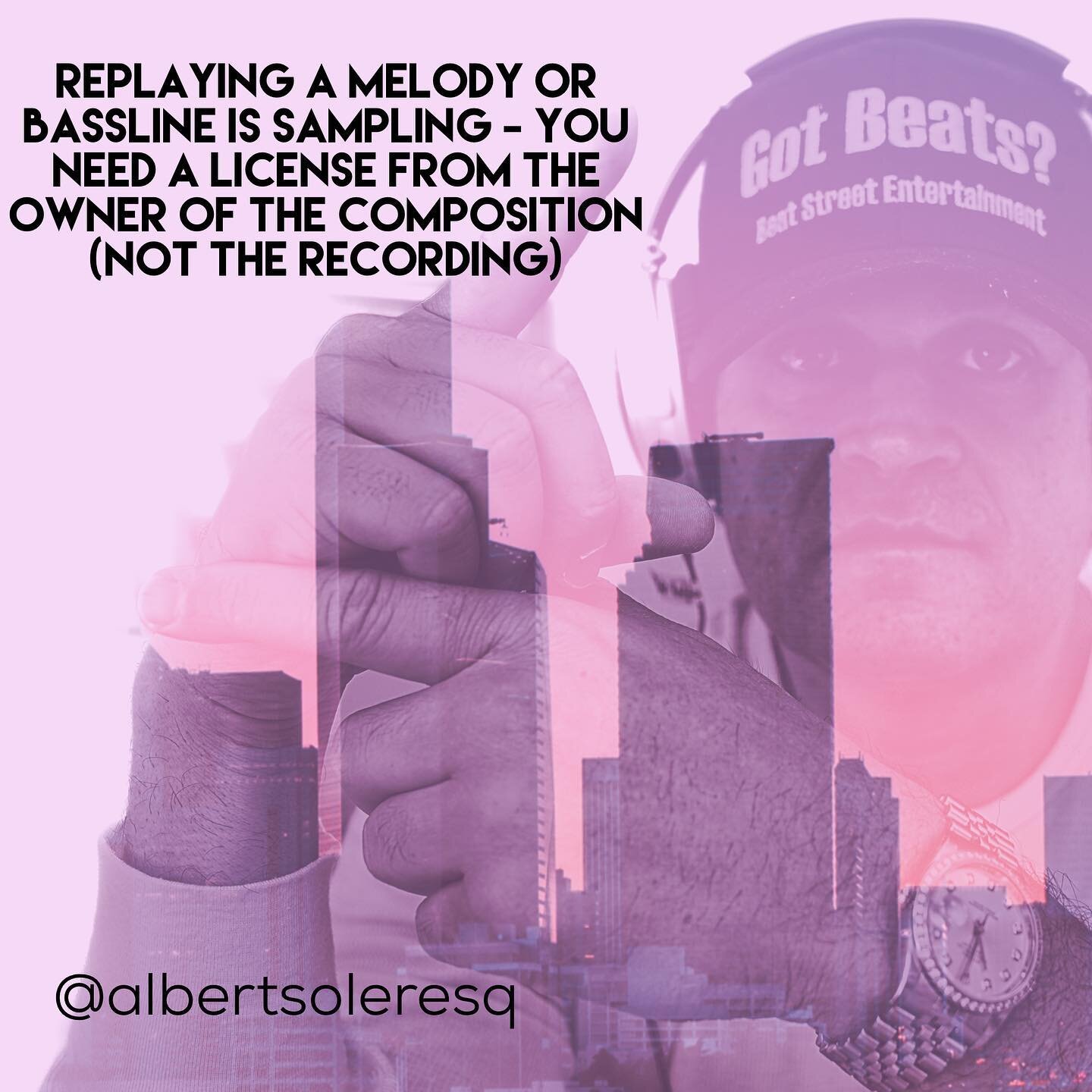 Artists - When you replay a melody or a bassline from a song that&rsquo;s a form of sampling called an &ldquo;interpolation,&rdquo; which requires a license from the owners of the composition (not the recording). 🙏🏼 

#albertesq #knowyourbusiness #